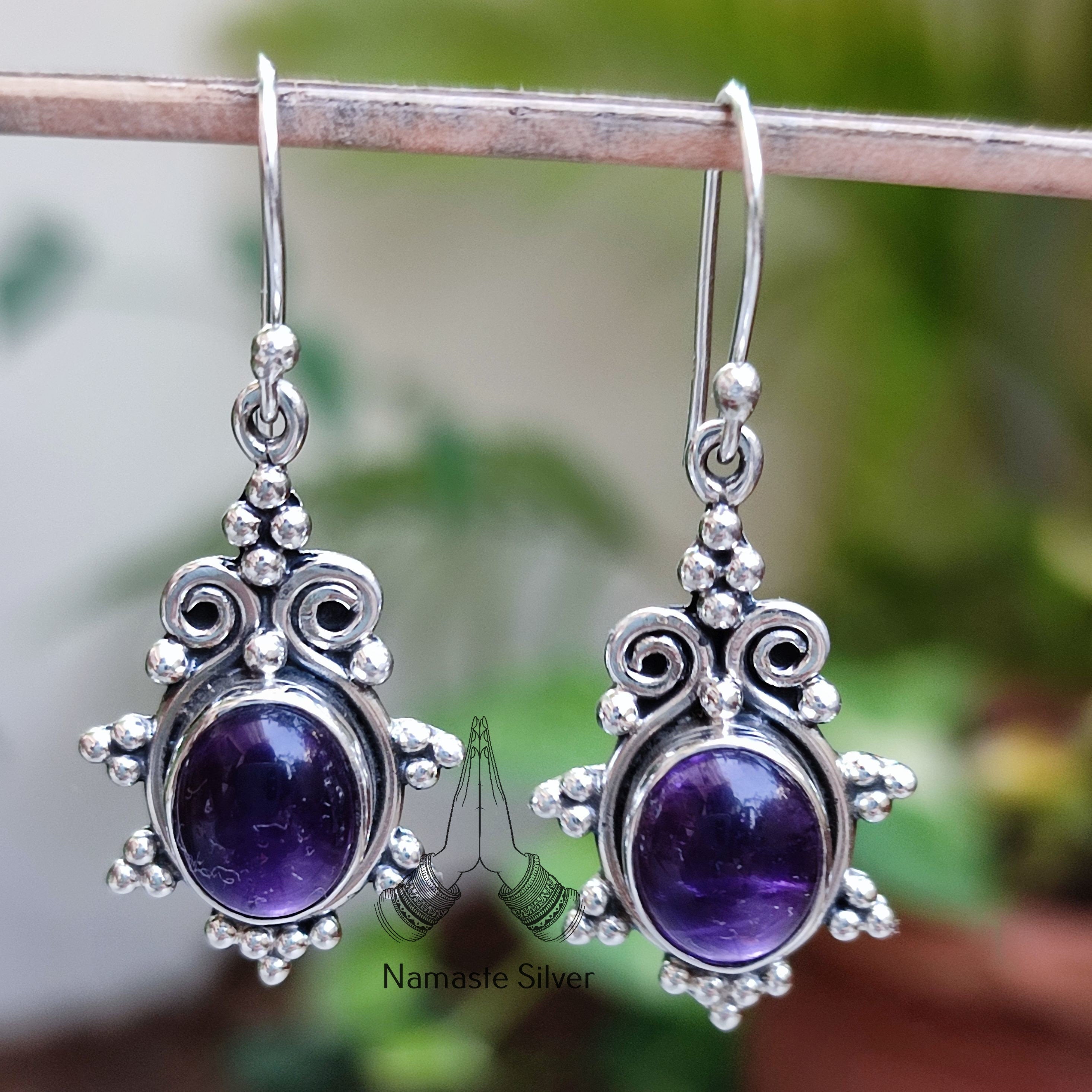 Amethyst Earrings, 925 Sterling Silver Dangle Earrings, Natural Amethyst Oval Gemstone Handmade Jewelry, February Birthstone Gift for her
