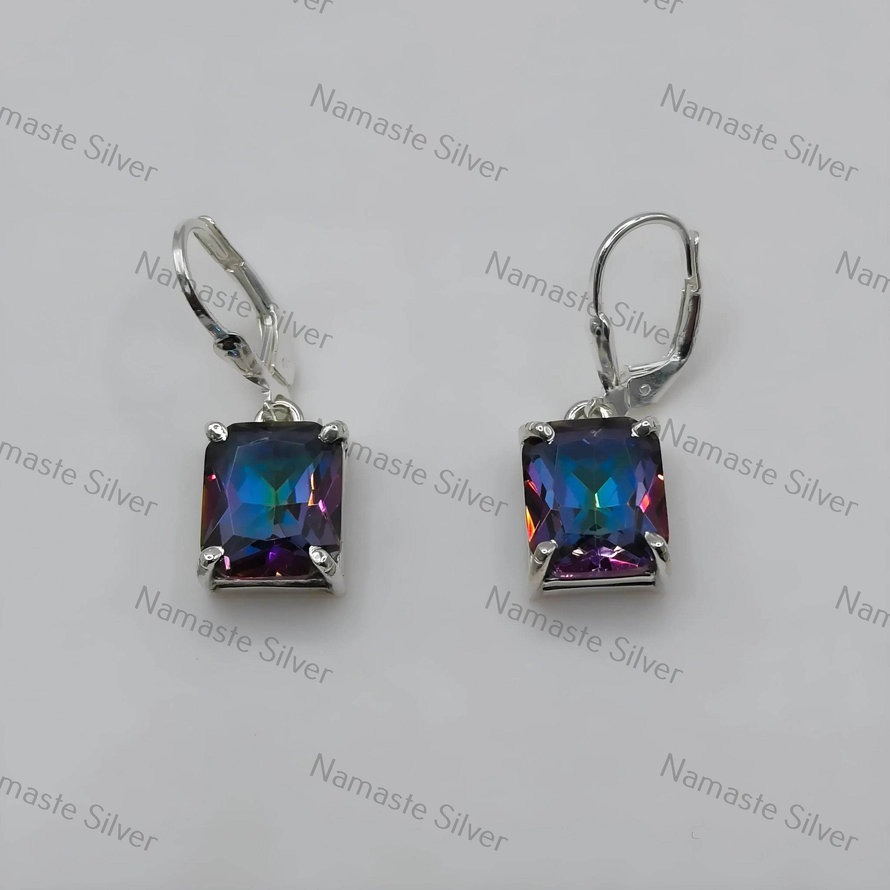 Aurora Mystic Topaz Earrings, Handmade 925 Sterling Silver Dangle Earrings, Octagon Gemstone Jewelry, November Birthstone, Gift For Her