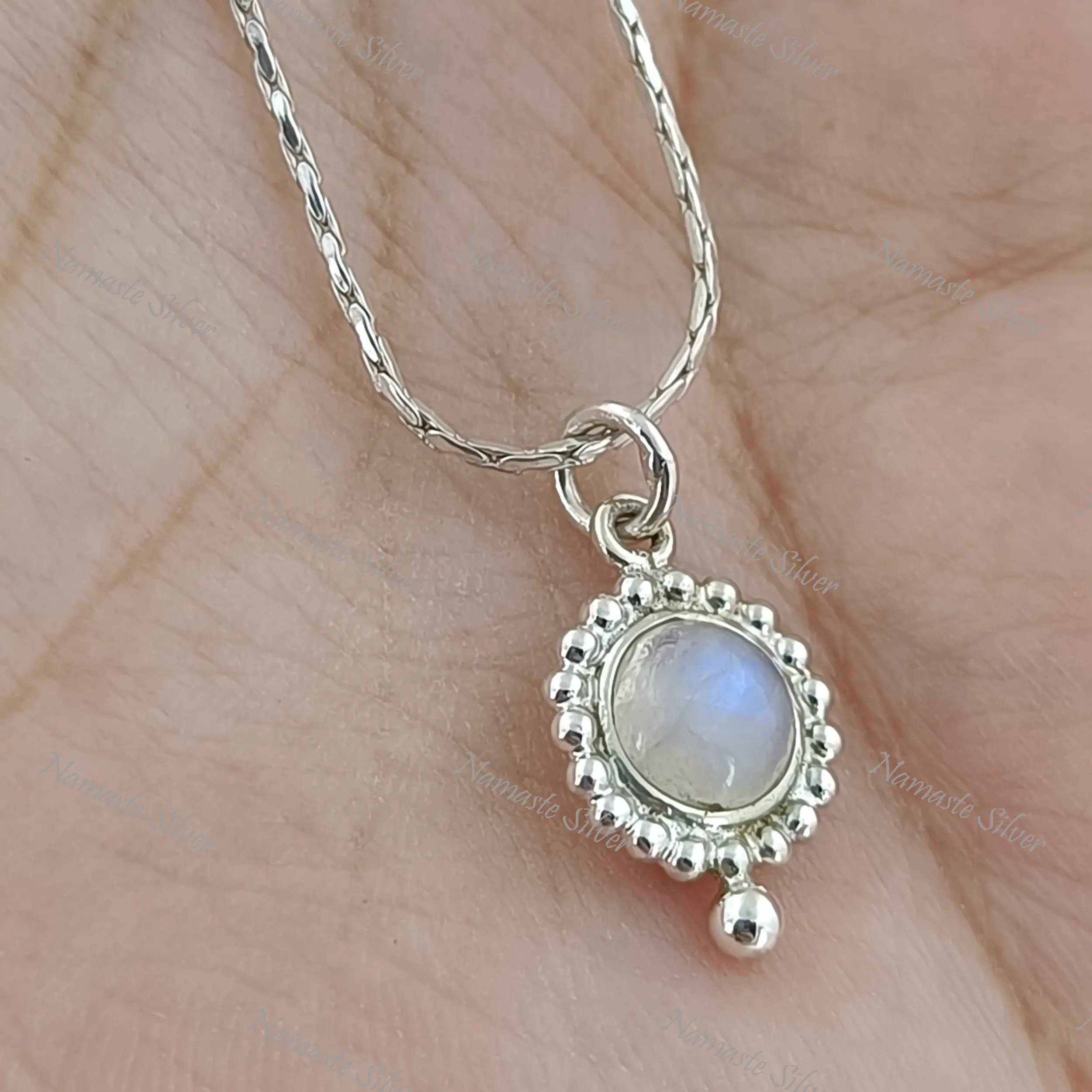 Moonstone Necklace, 925 Sterling Silver Pendant, Natural Rainbow Moonstone Round Gemstone Handmade Jewelry, June Birthstone, Gift For Her