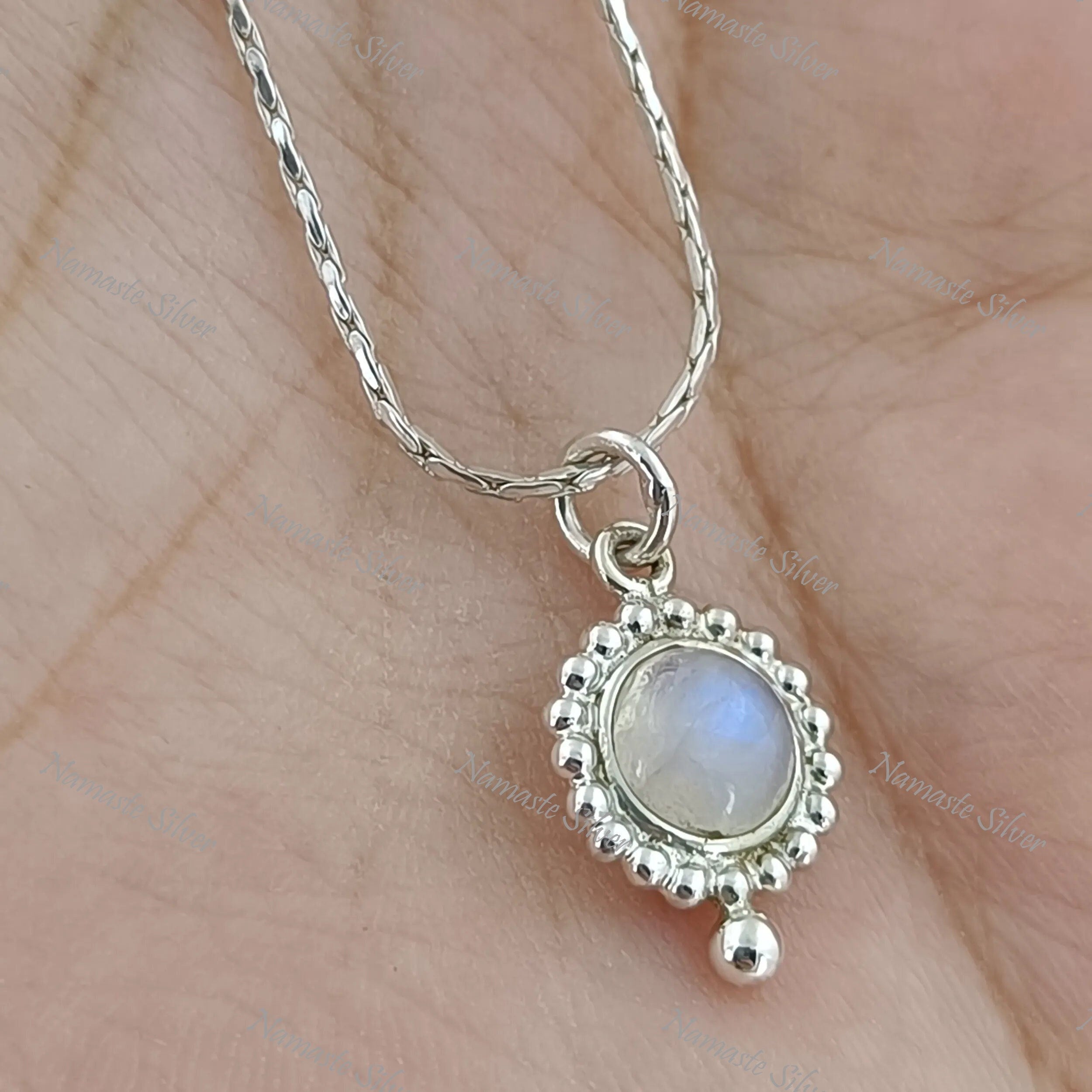 Moonstone Necklace, 925 Sterling Silver Pendant, Natural Rainbow Moonstone Round Gemstone Handmade Jewelry, June Birthstone, Gift For Her