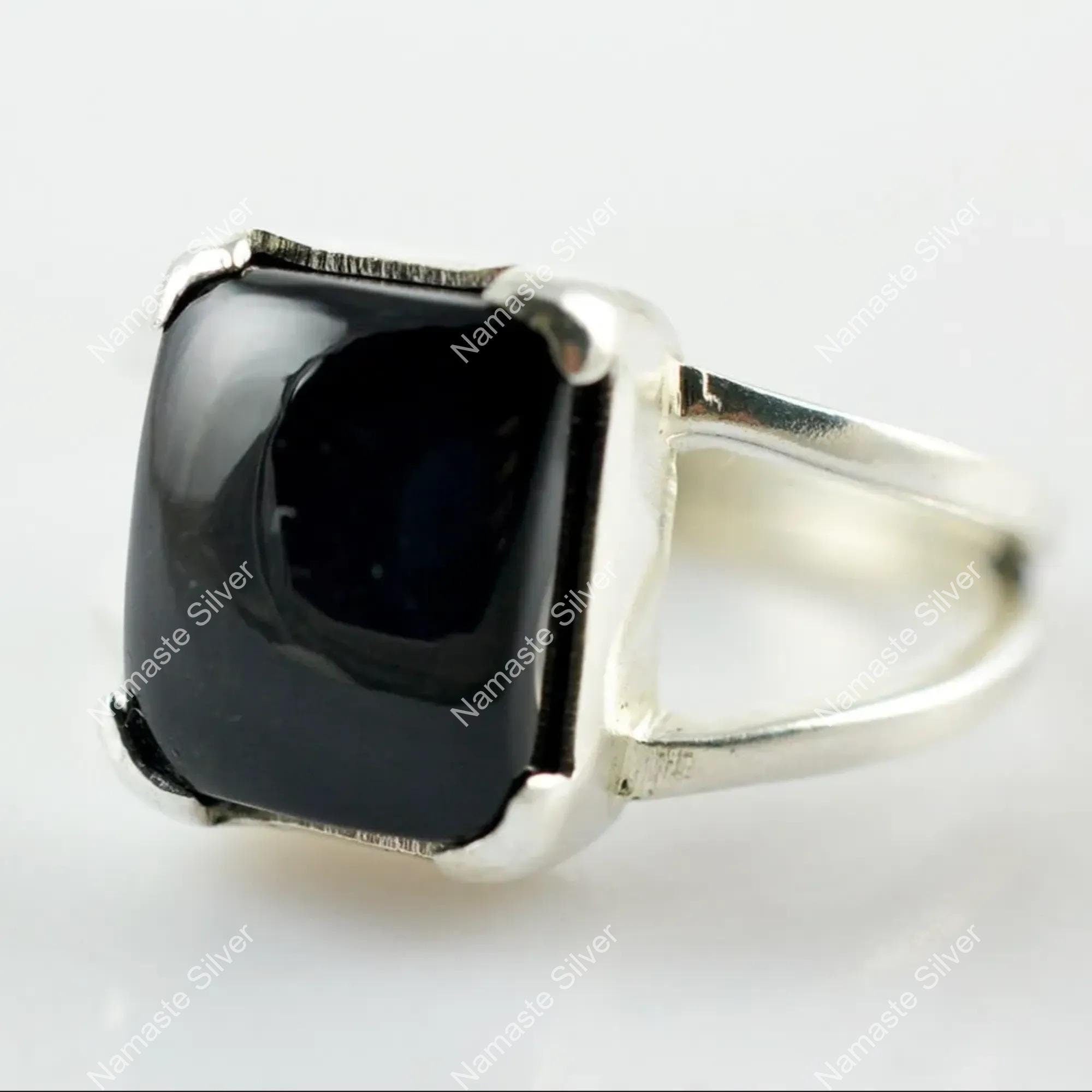 Black Onyx Ring, 925 Sterling Silver Statement Promise Ring, Natural Black Onyx Cushion Gemstone Handmade Jewelry, July Birthstone Boho Gift