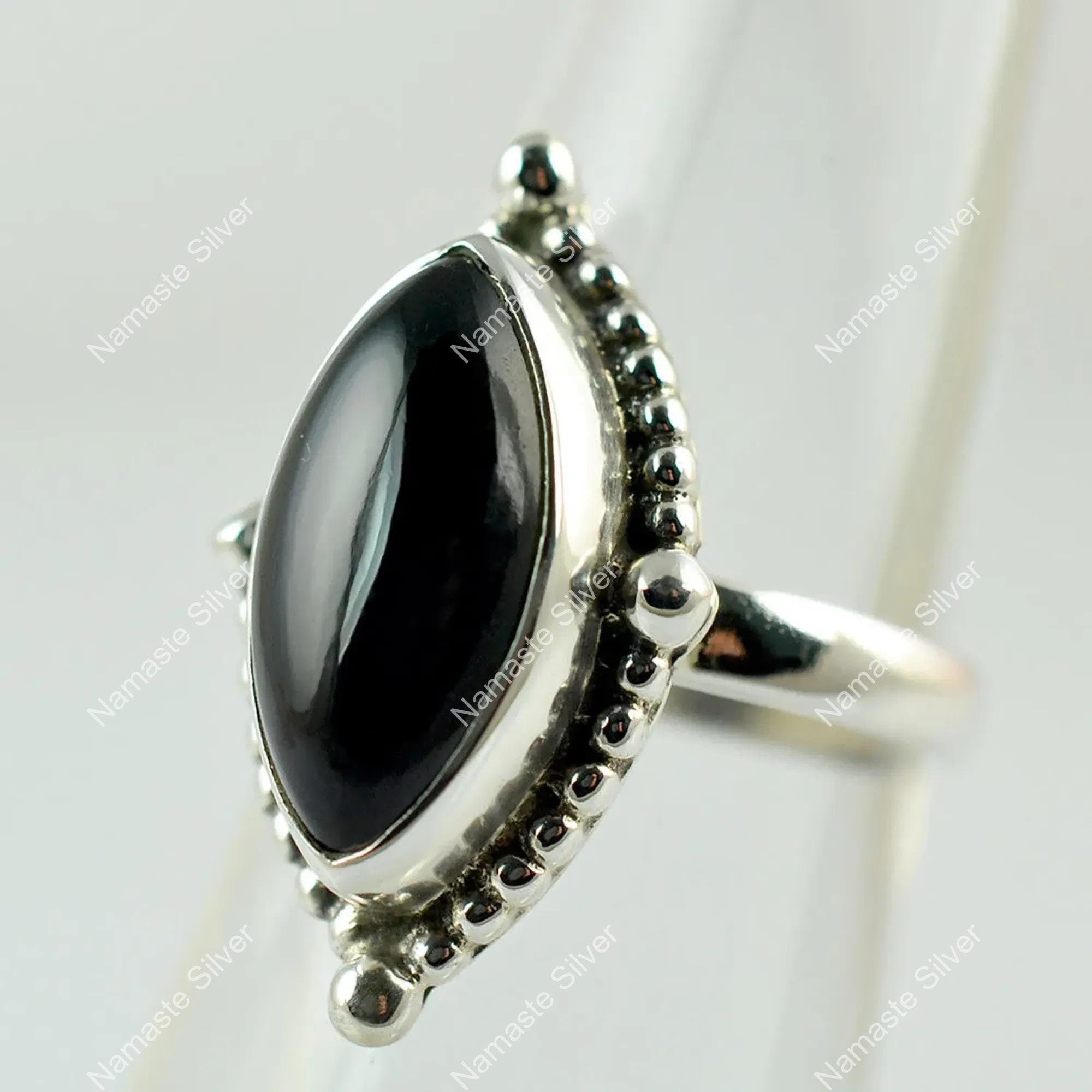Black Onyx Ring, 925 Sterling Silver Handmade Statement Promise Ring, Natural Black Gemstone Marquise Jewelry, July Birthstone, Gift for her