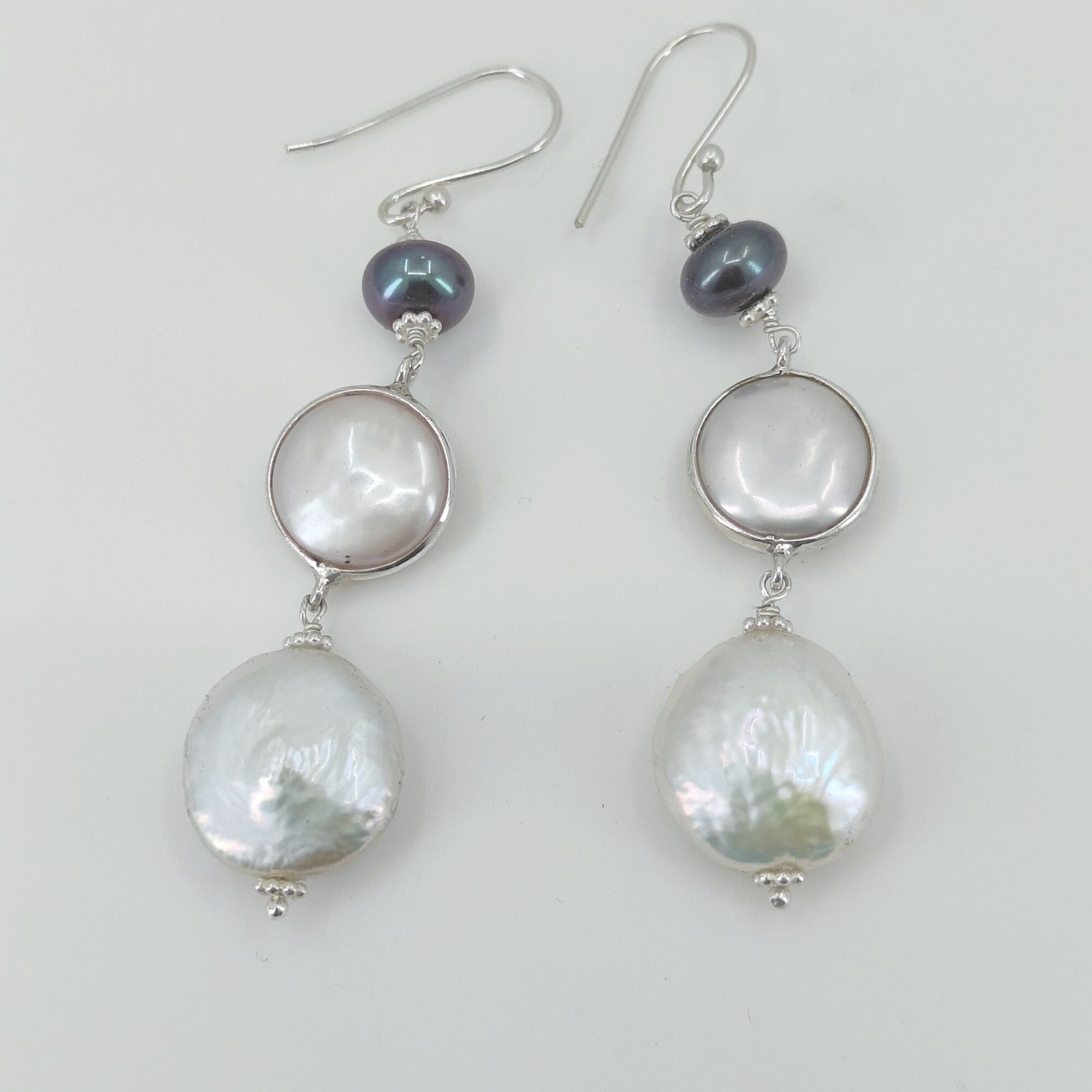 Pearl Dangle Earrings, 925 Sterling Silver Handmade Earrings, Freshwater Black Pearl, Coin Pearl, Baroque Pearl Earrings, Gift for her