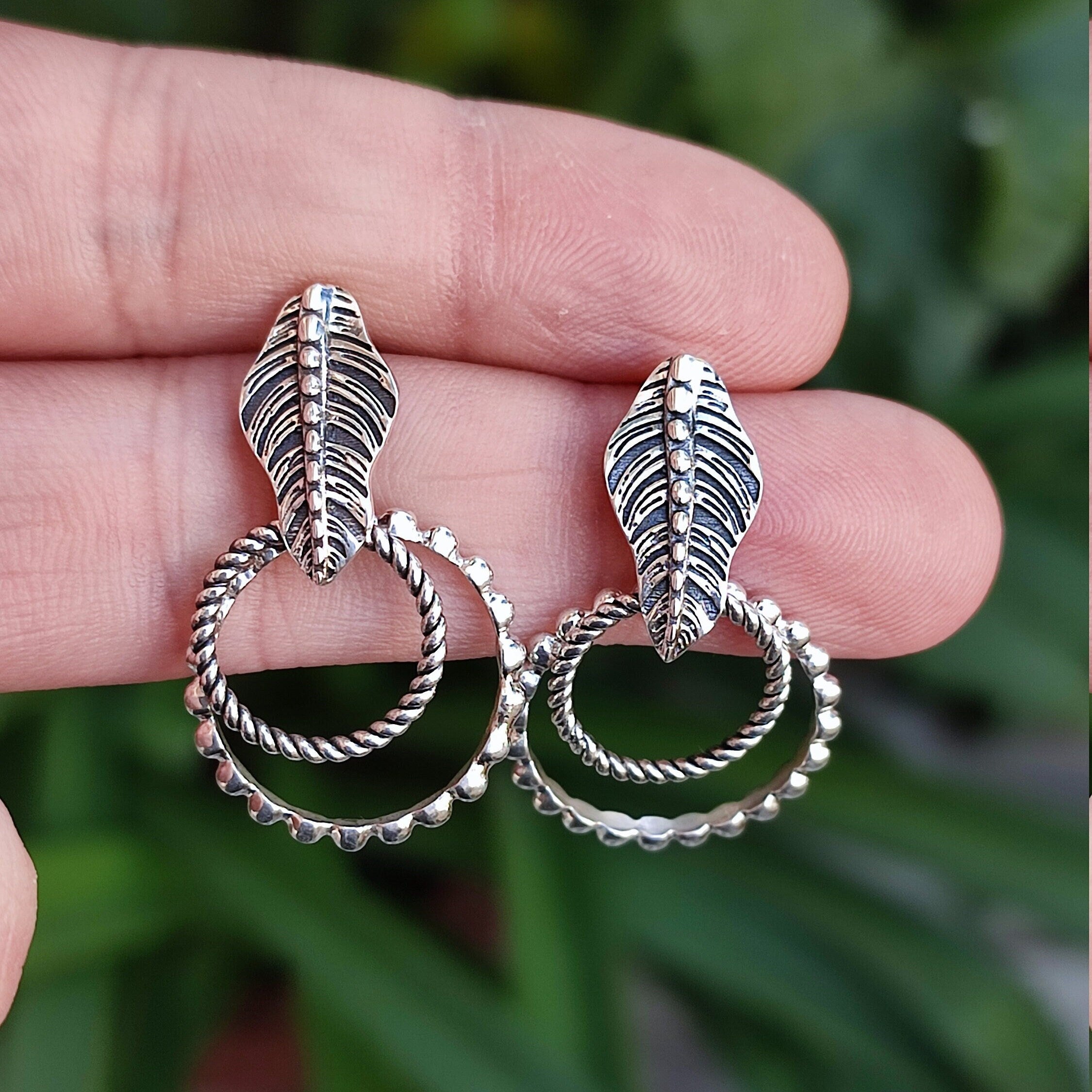 Leaf Earrings, 925 Sterling Silver Dangle Earrings, Nature-inspired leaf Handmade Boho Jewelry, Double Hoop Earrings, Unique Gift For Her