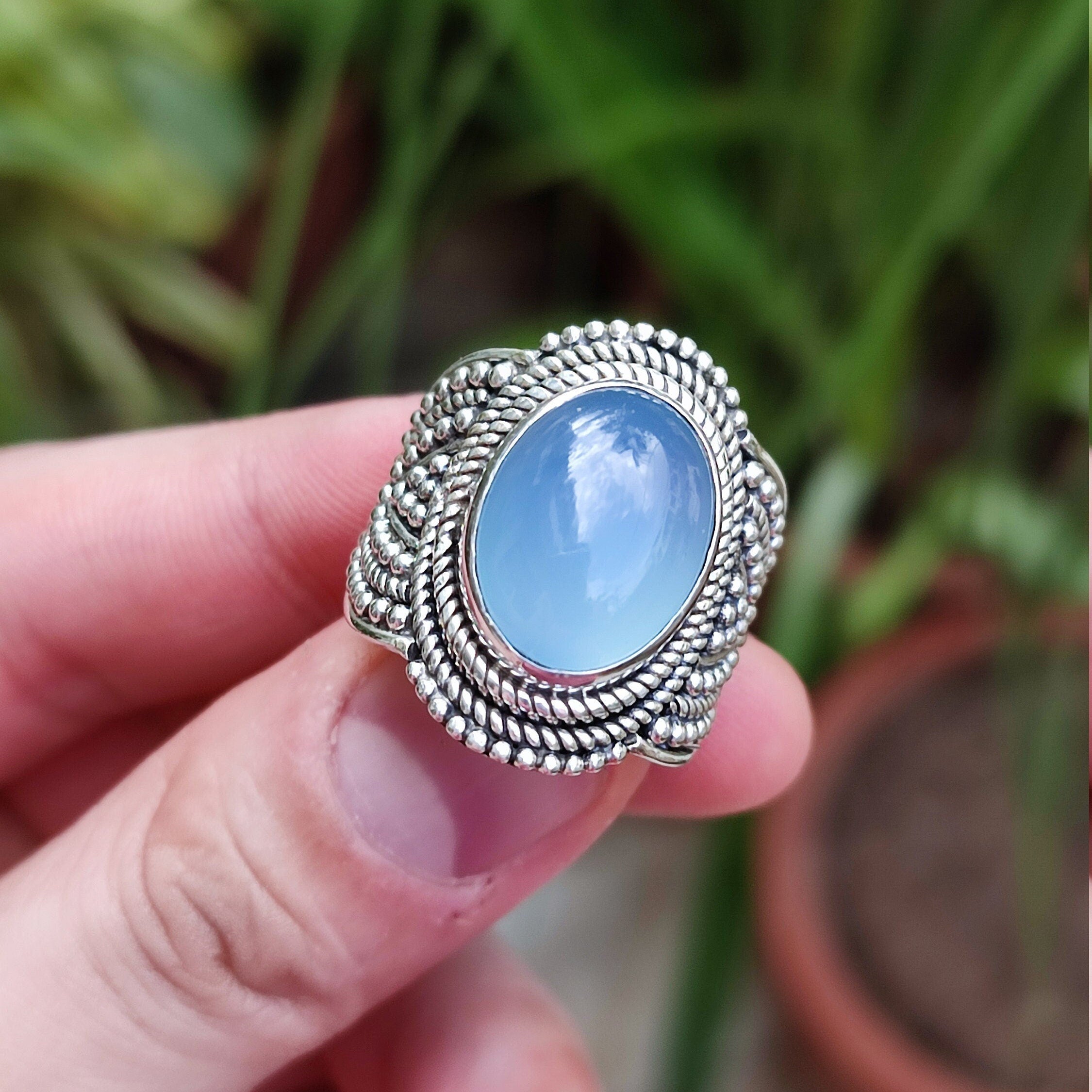 Natural Chalcedony Oval Stone Silver Ring | 925 Sterling Silver Statement Ring | Gemstone Handmade Jewelry | May Birthstone Gift for Her