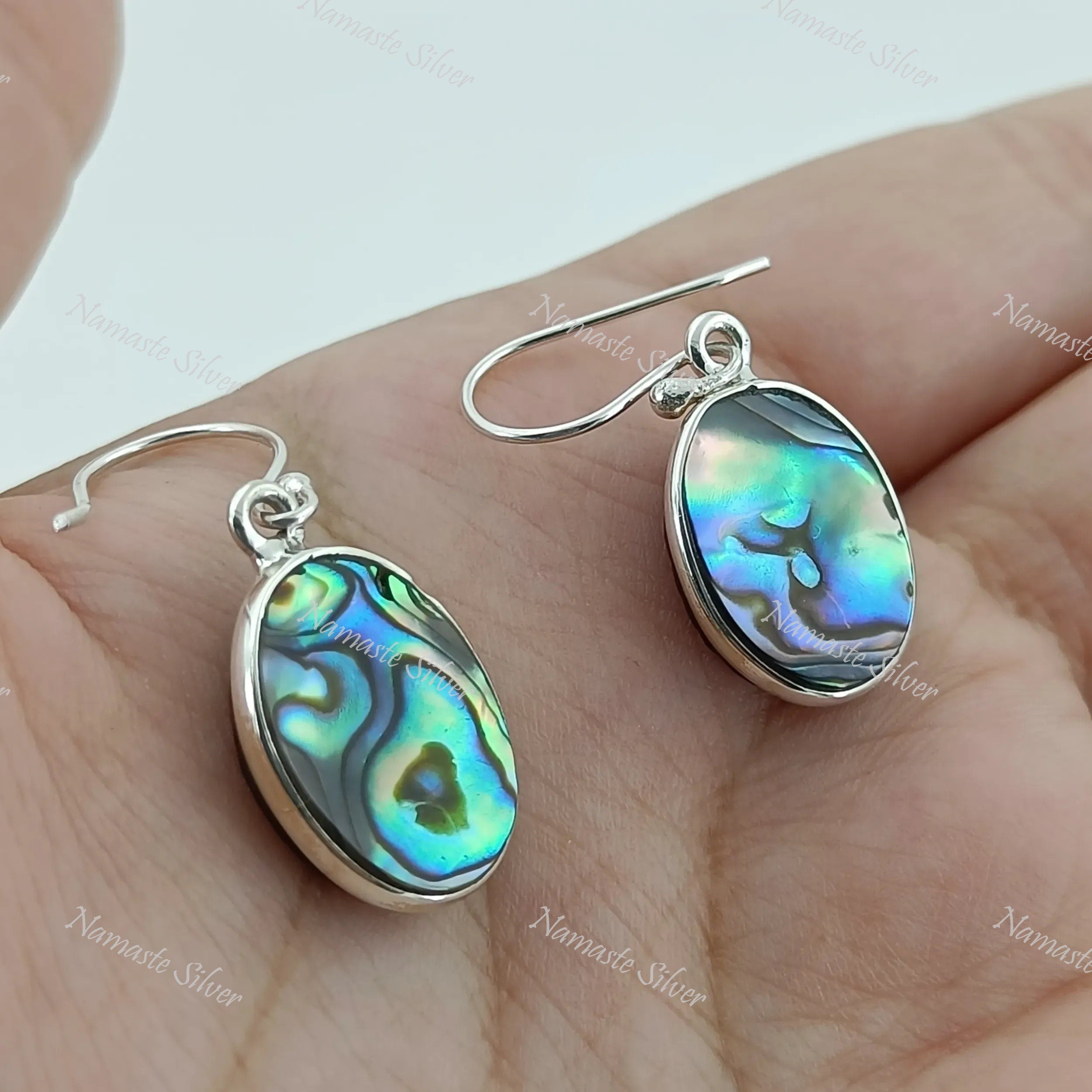 Abalone Shell Earrings, 925 Sterling Silver handmade Dangle Earrings, Natural Abalone Silver Jewelry, Blue Paua Shell Earrings, Gift for her