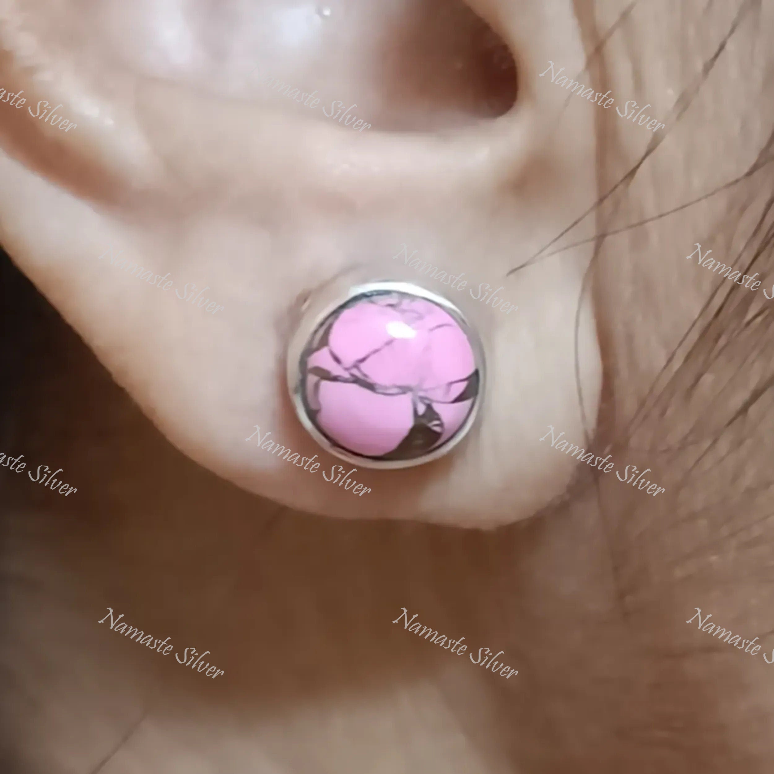 Pink Turquoise Stud Earrings, 925 Sterling Silver Stud Posts, Pink Copper Turquoise Round Gemstone Handmade Jewelry, Minimalist Gift For Her