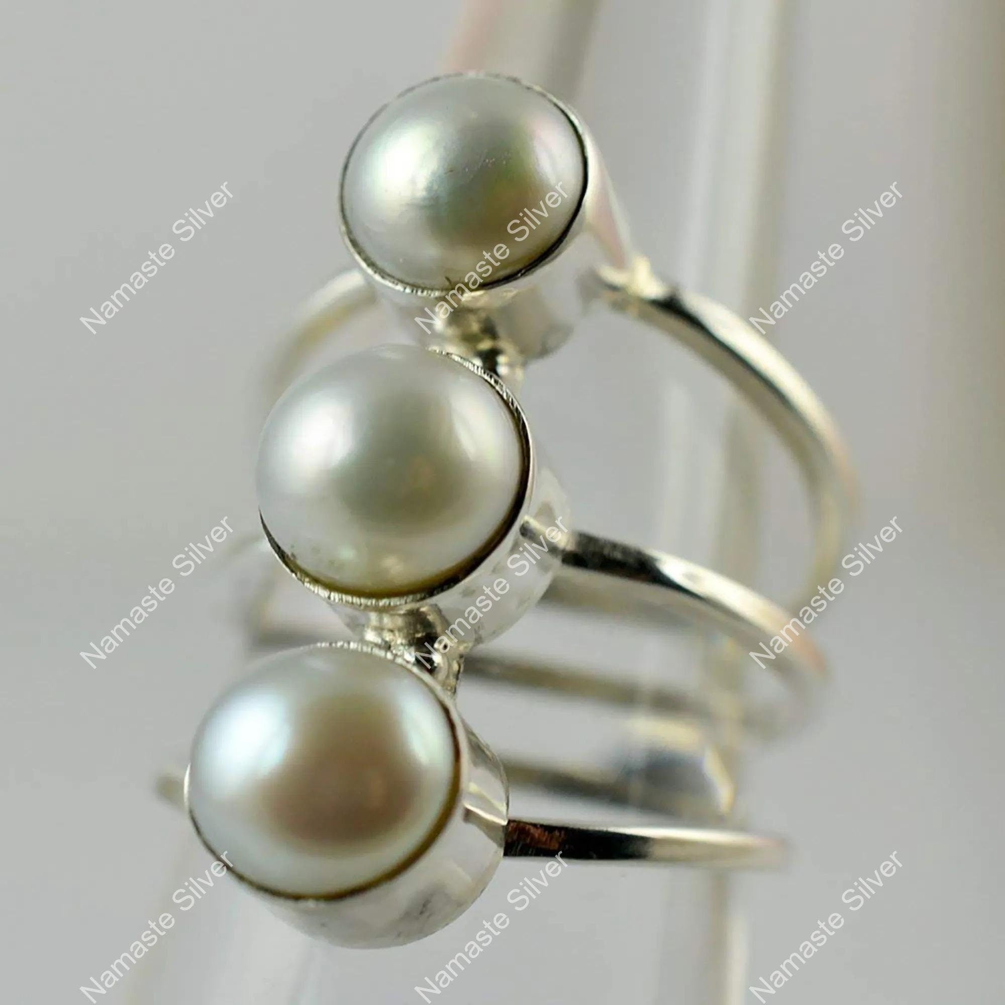 Freshwater Triple Pearl Ring, 925 Sterling Silver Statement Promise Ring, Pearl Handmade Boho Jewelry, June Birthstone, Unique Gift For Her