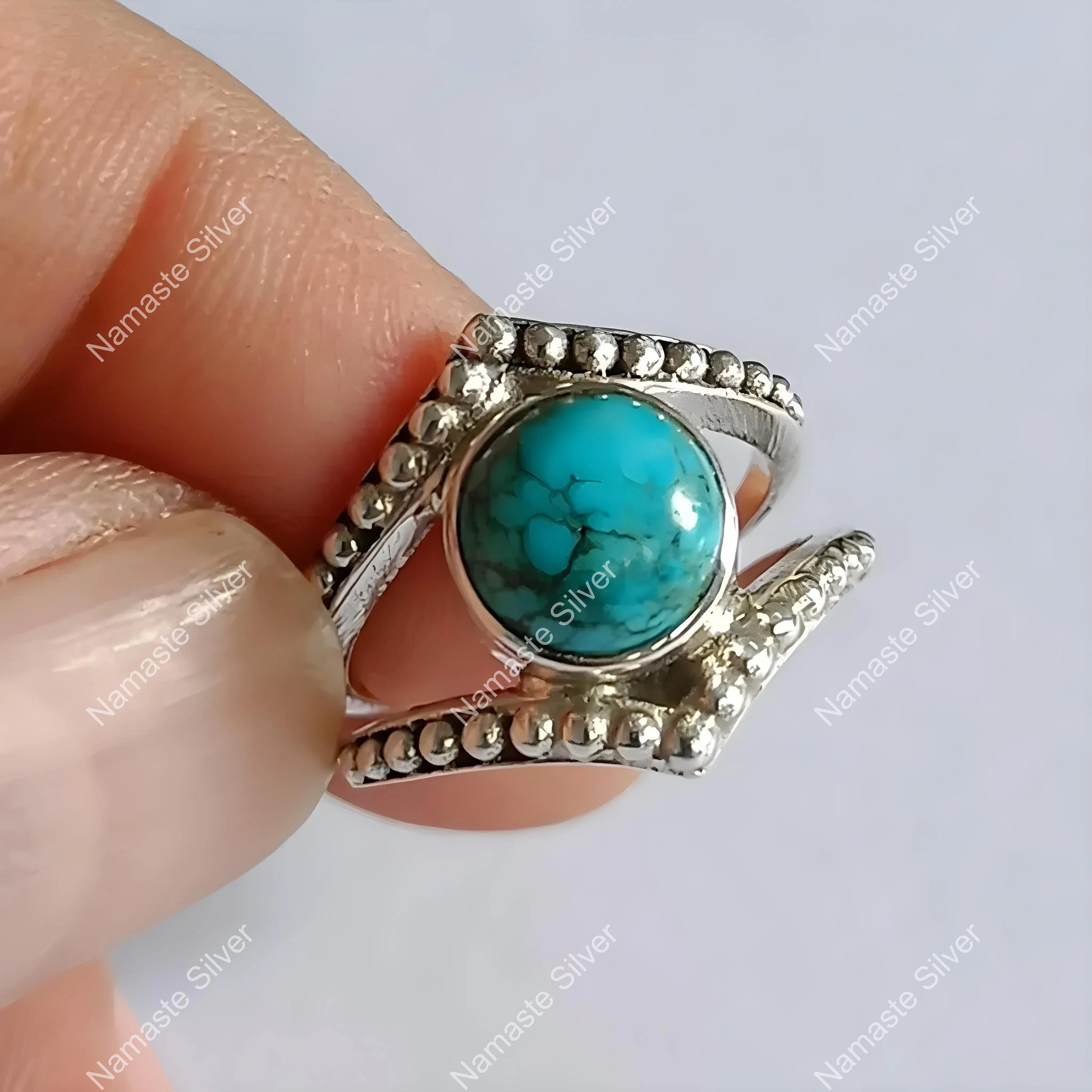 Turquoise Ring, 925 Sterling Silver Promise Ring, Natural Blue Turquoise Round Gemstone Handmade Jewelry, December Birthstone, Gift For Her