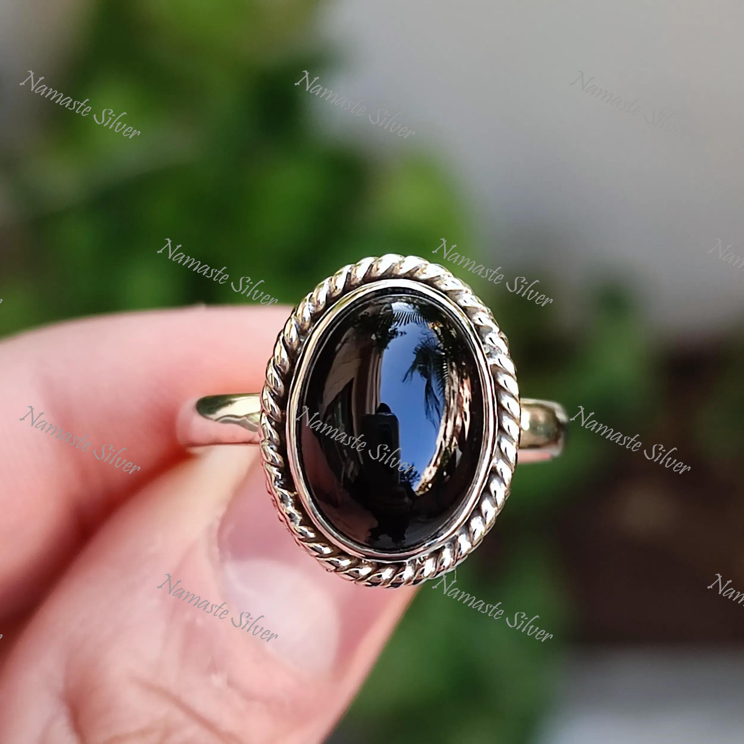 Black Onyx Ring, 925 Sterling Silver Statement Promise Ring, Natural Black Gemstone Oval Handmade Jewelry, July Birthstone, Gift for Her