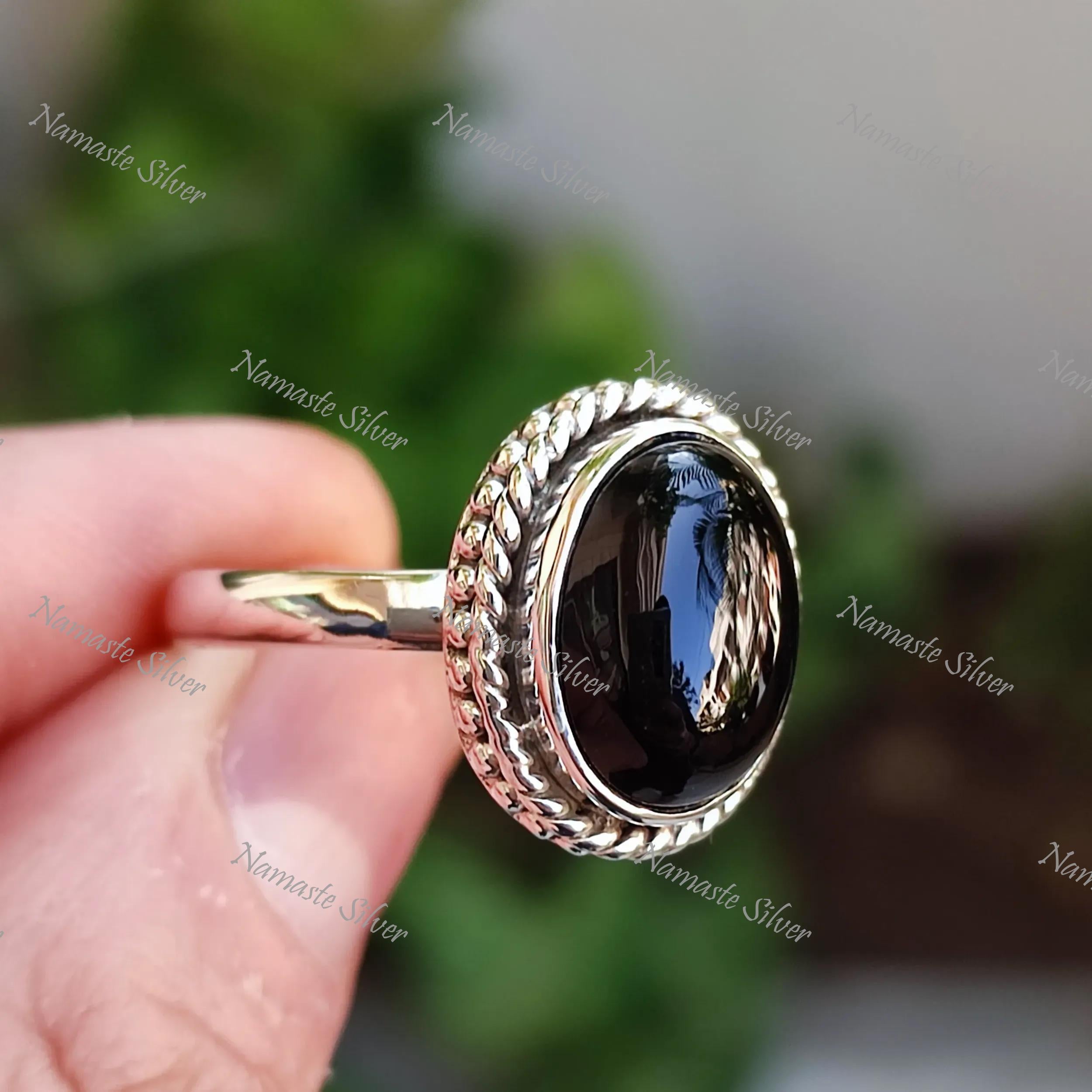 Black Onyx Ring, 925 Sterling Silver Statement Promise Ring, Natural Black Gemstone Oval Handmade Jewelry, July Birthstone, Gift for Her