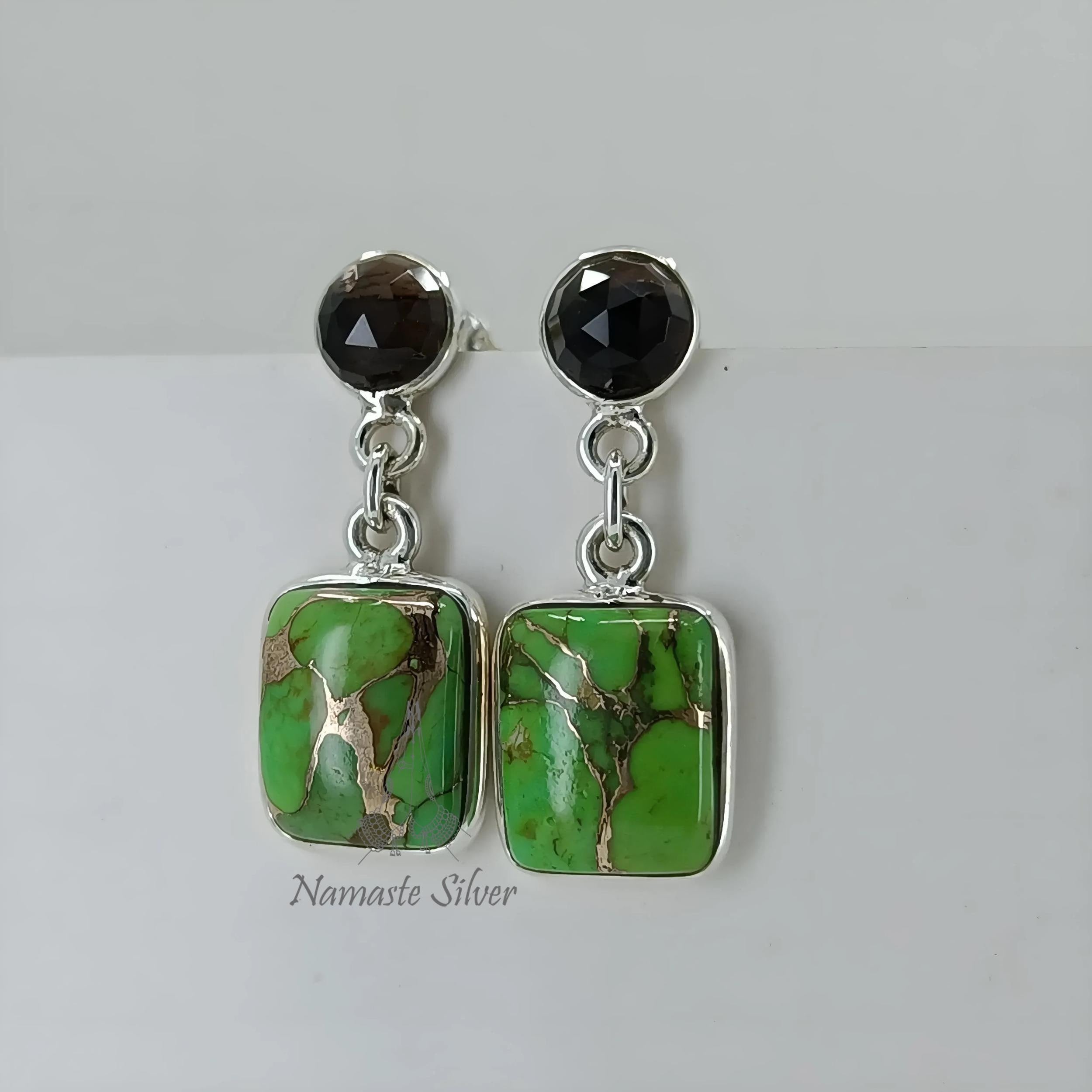 Green Turquoise Smoky Quartz Earrings, 925 Sterling Silver Dangle Earrings, Natural Dual Gemstone Handmade Boho Jewelry, Unique Gift For Her