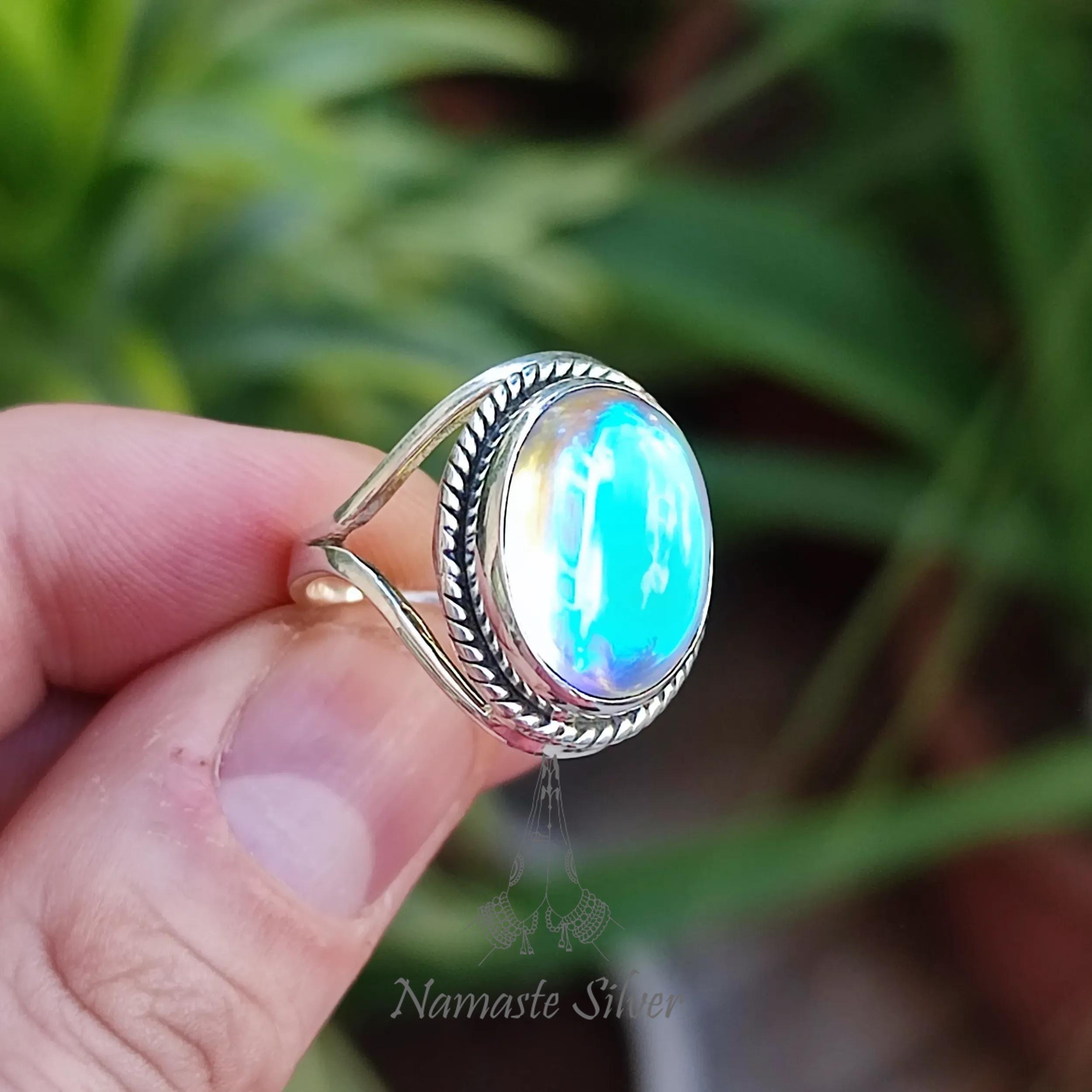 Aurora Quartz Ring, 925 Sterling Silver Promise Ring, Mercury Aurora Borealis Crystal Ring, Handmade Aurora Quartz Oval Ring, Gift For Her