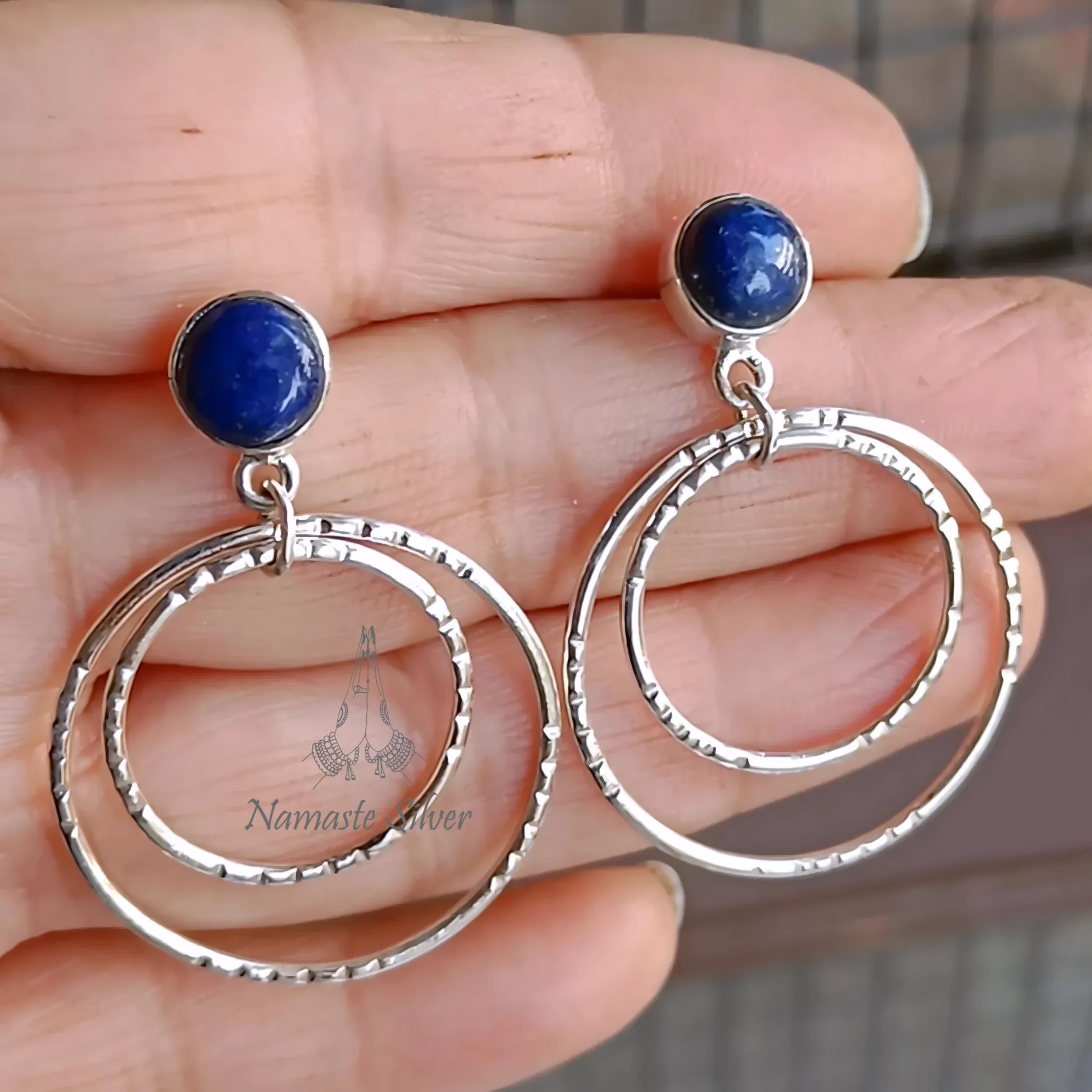 Lapis Lazuli Earrings, 925 Sterling Silver Double Hoop Earrings, Natural Blue Round Gemstone Handmade Dangle Earrings, Unique Gift for her