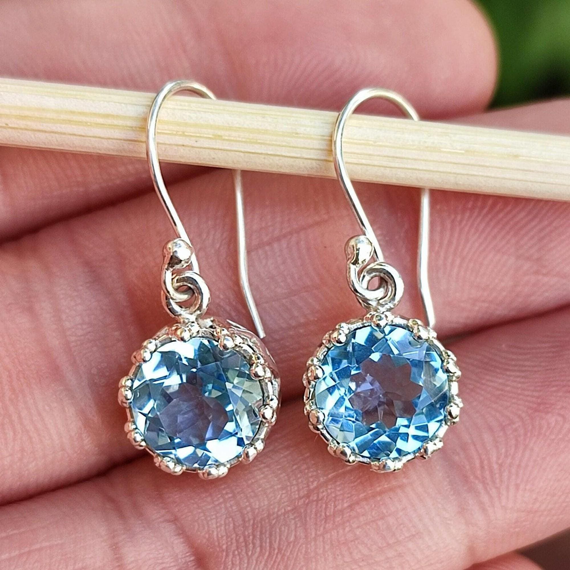 Blue Topaz Earrings, 925 Sterling Silver Handmade Dangle Earrings, Natural Topaz Round Gemstone Jewelry, December Birthstone, Gift for her