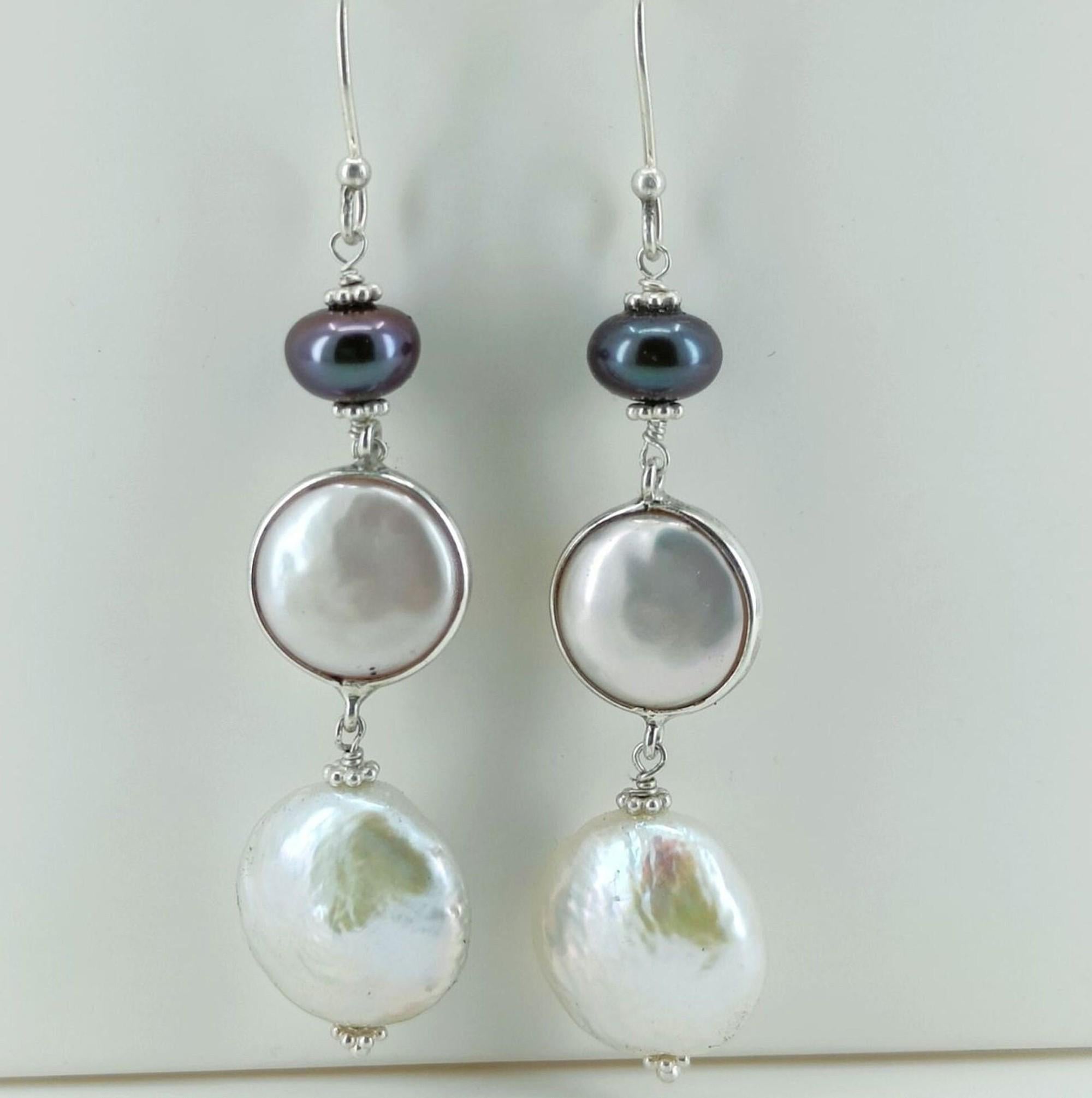 Pearl Dangle Earrings, 925 Sterling Silver Handmade Earrings, Freshwater Black Pearl, Coin Pearl, Baroque Pearl Earrings, Gift for her