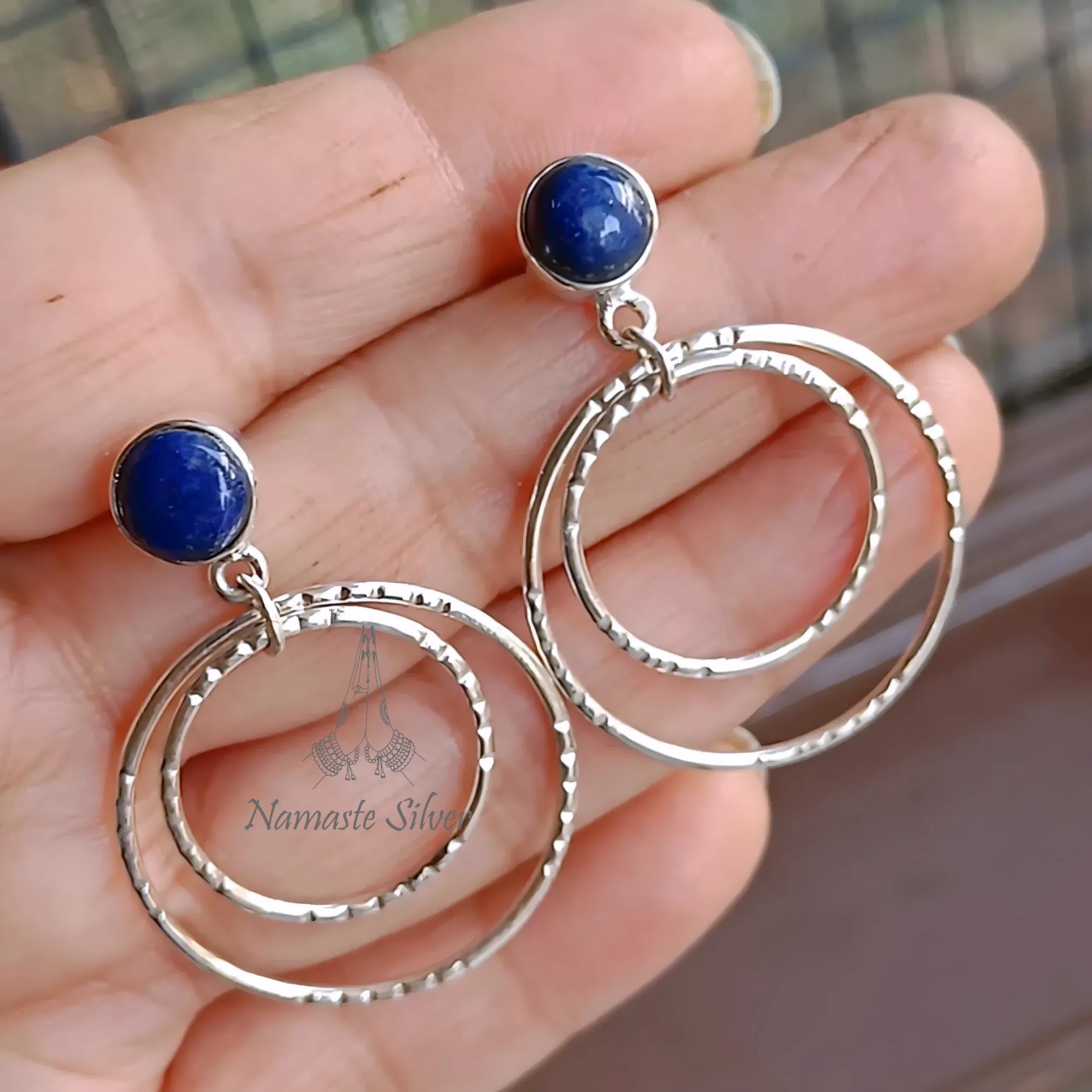 Lapis Lazuli Earrings, 925 Sterling Silver Double Hoop Earrings, Natural Blue Round Gemstone Handmade Dangle Earrings, Unique Gift for her