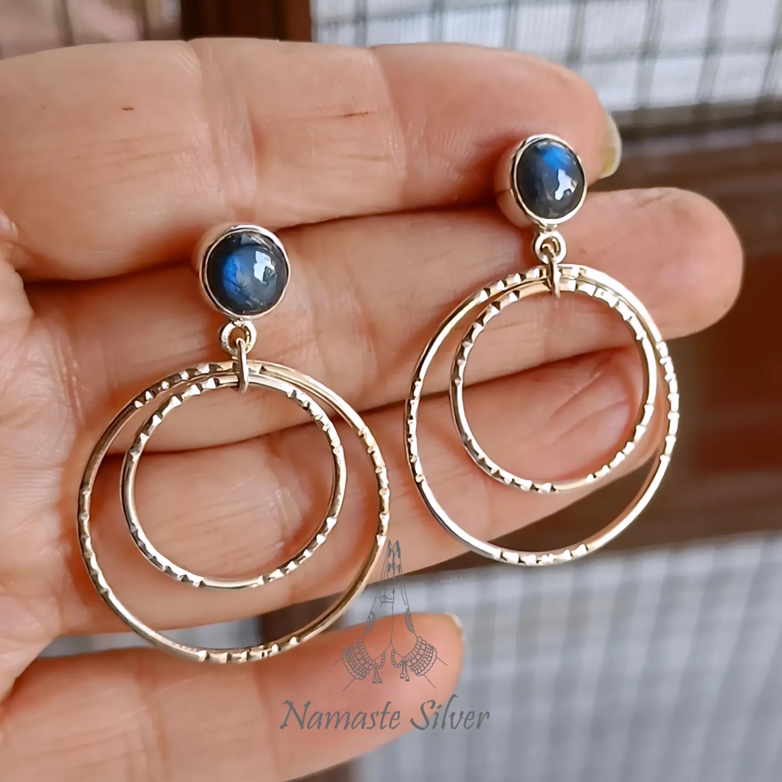 Labradorite Earrings, 925 Sterling Silver Dangle Earrings, Natural Labradorite Round Gemstone Double Hoop Earrings, Birthstone Gift for Her