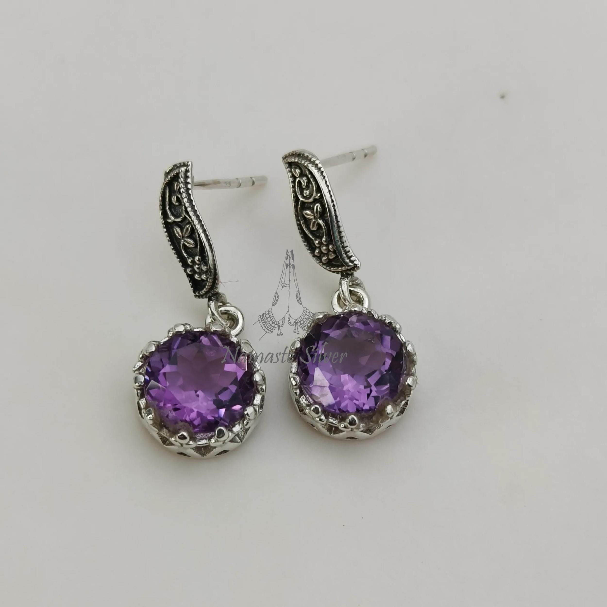 Amethyst Earrings, 925 Sterling Silver Dangle Earrings, Natural Purple Round Gemstone Handmade Jewelry, February Birthstone, Gift for Her
