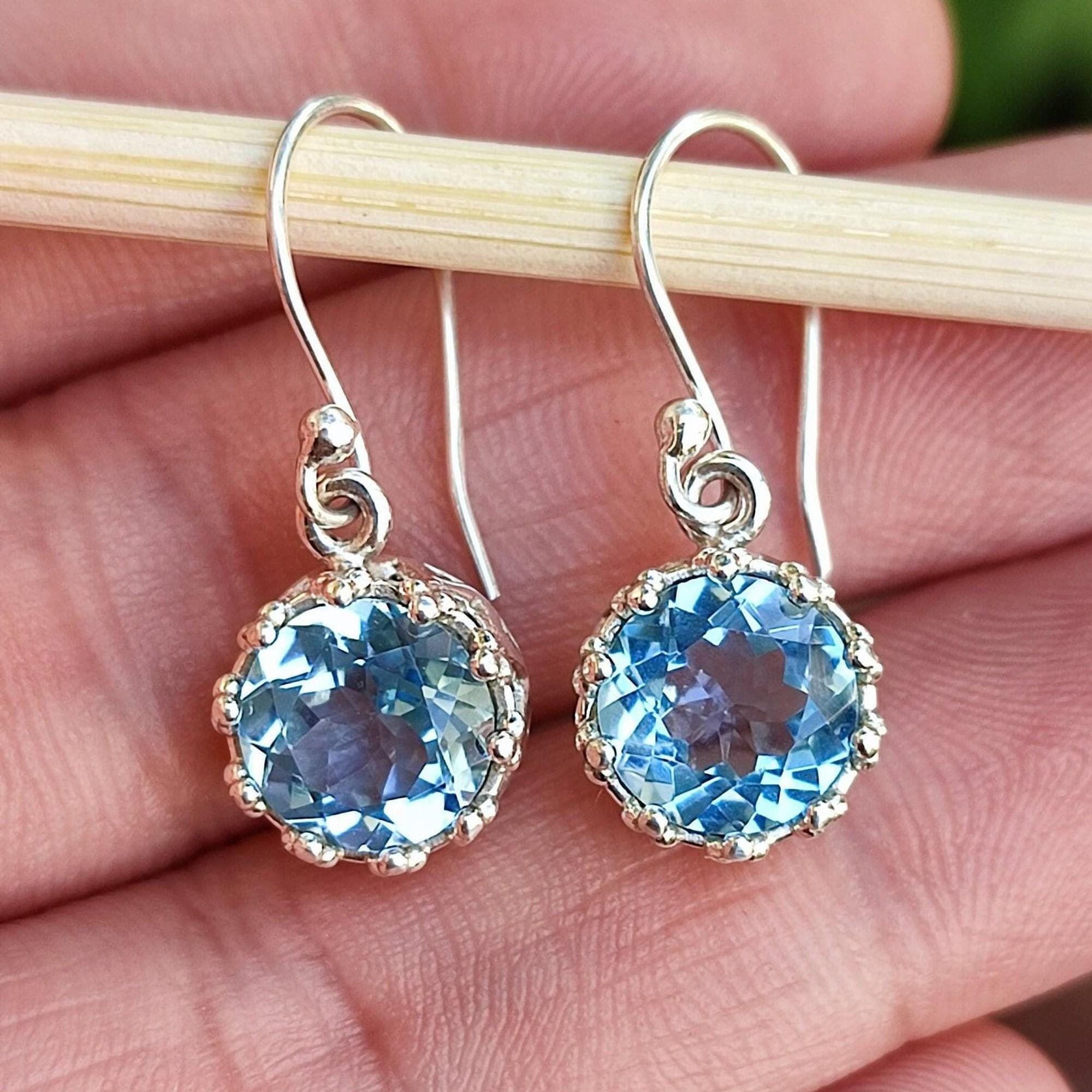 Blue Topaz Earrings, 925 Sterling Silver Handmade Dangle Earrings, Natural Topaz Round Gemstone Jewelry, December Birthstone, Gift for her