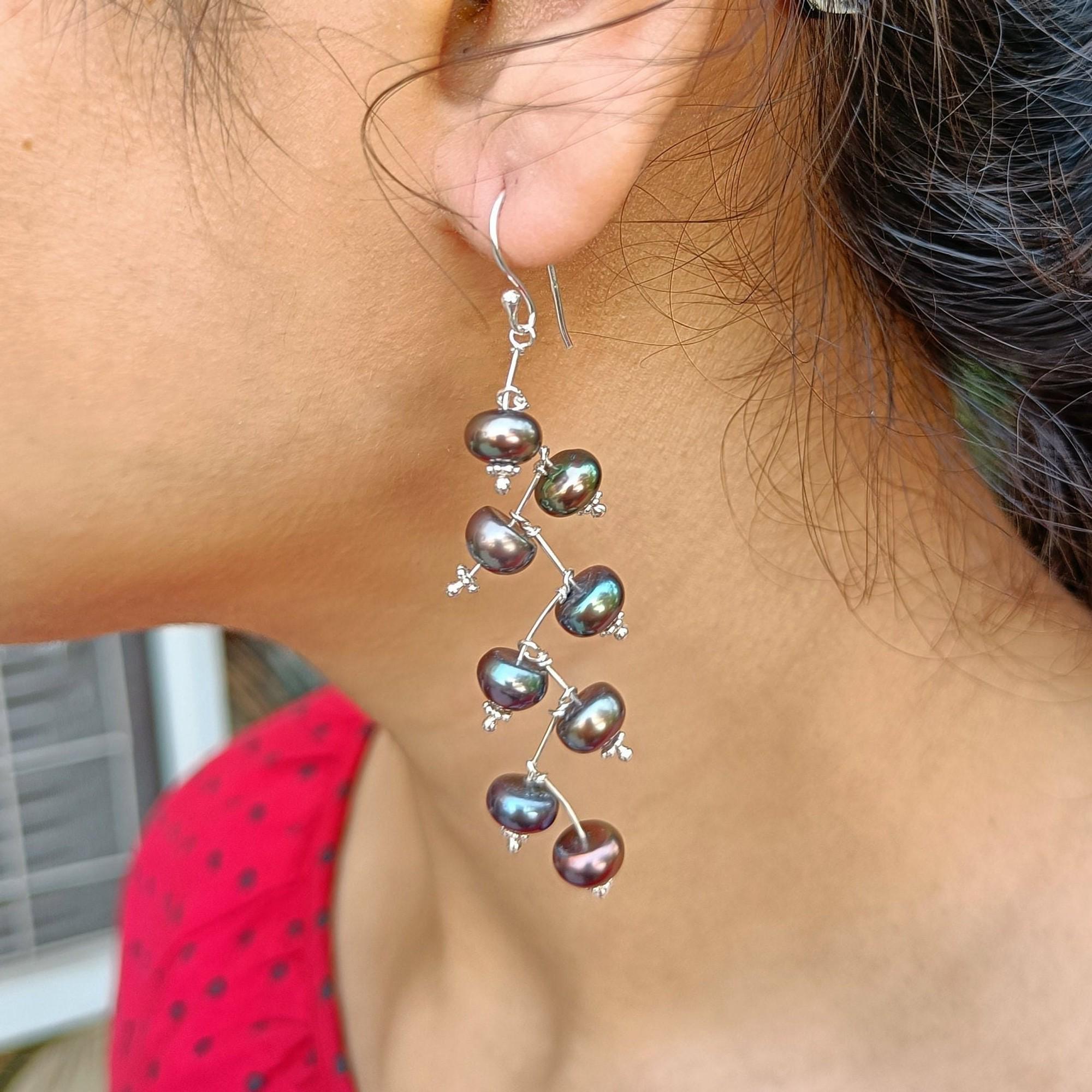 Pearl Earrings, 925 Sterling Silver Dangle Earrings, Freshwater Peacock Black Pearl Handmade Boho Jewelry, June Birthstone Gift for Her