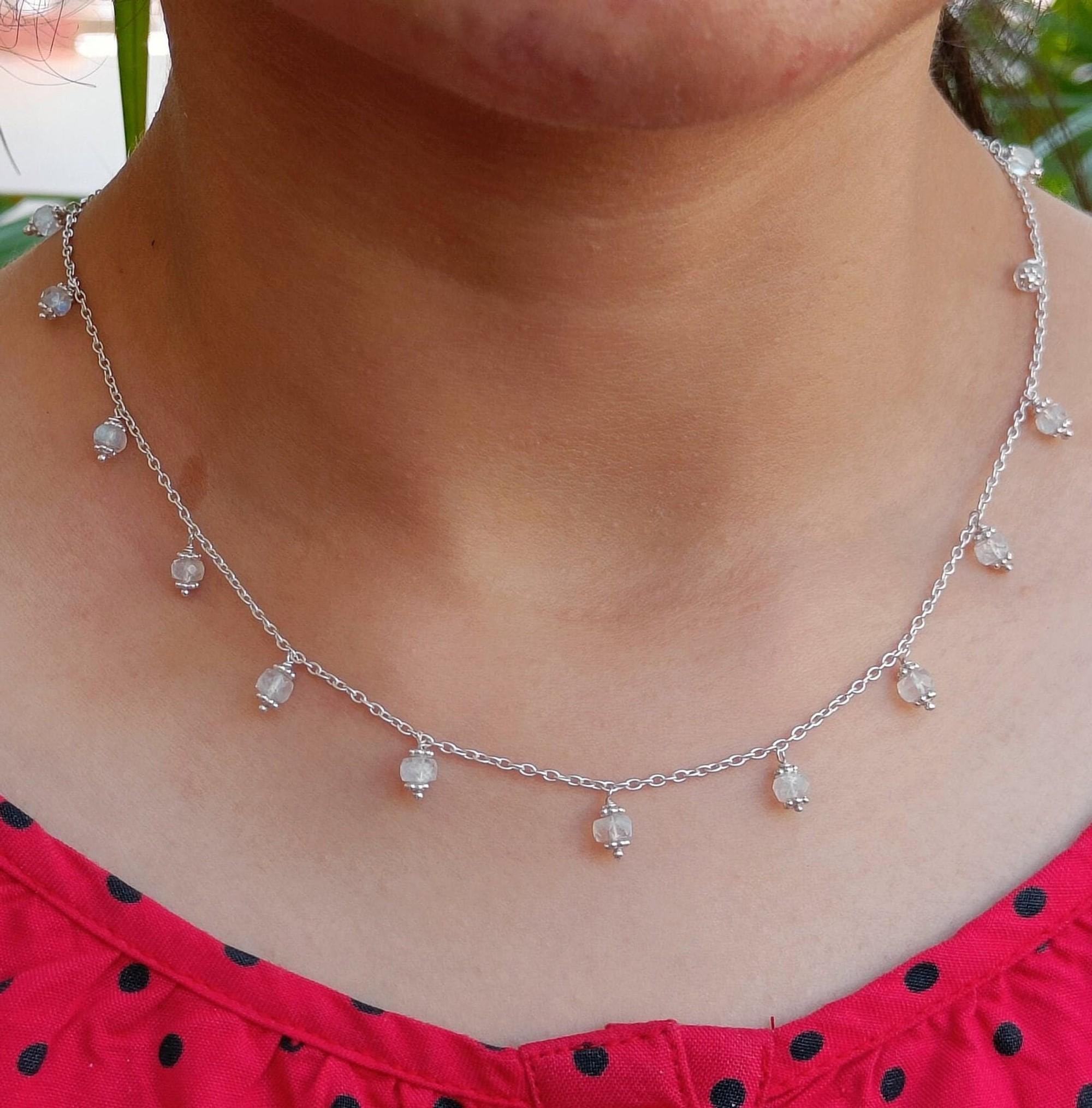 Rainbow Moonstone Beads Silver Handmade Necklace Minimalist Gemstone Jewelry Gift for her Birthday Anniversary Engagement Wedding Valentines