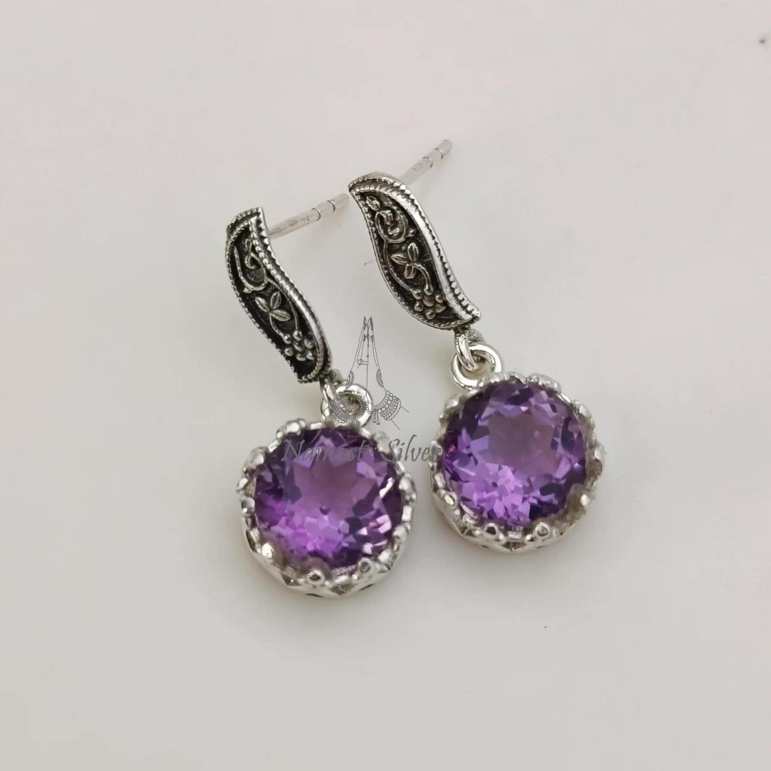 Amethyst Earrings, 925 Sterling Silver Dangle Earrings, Natural Purple Round Gemstone Handmade Jewelry, February Birthstone, Gift for Her