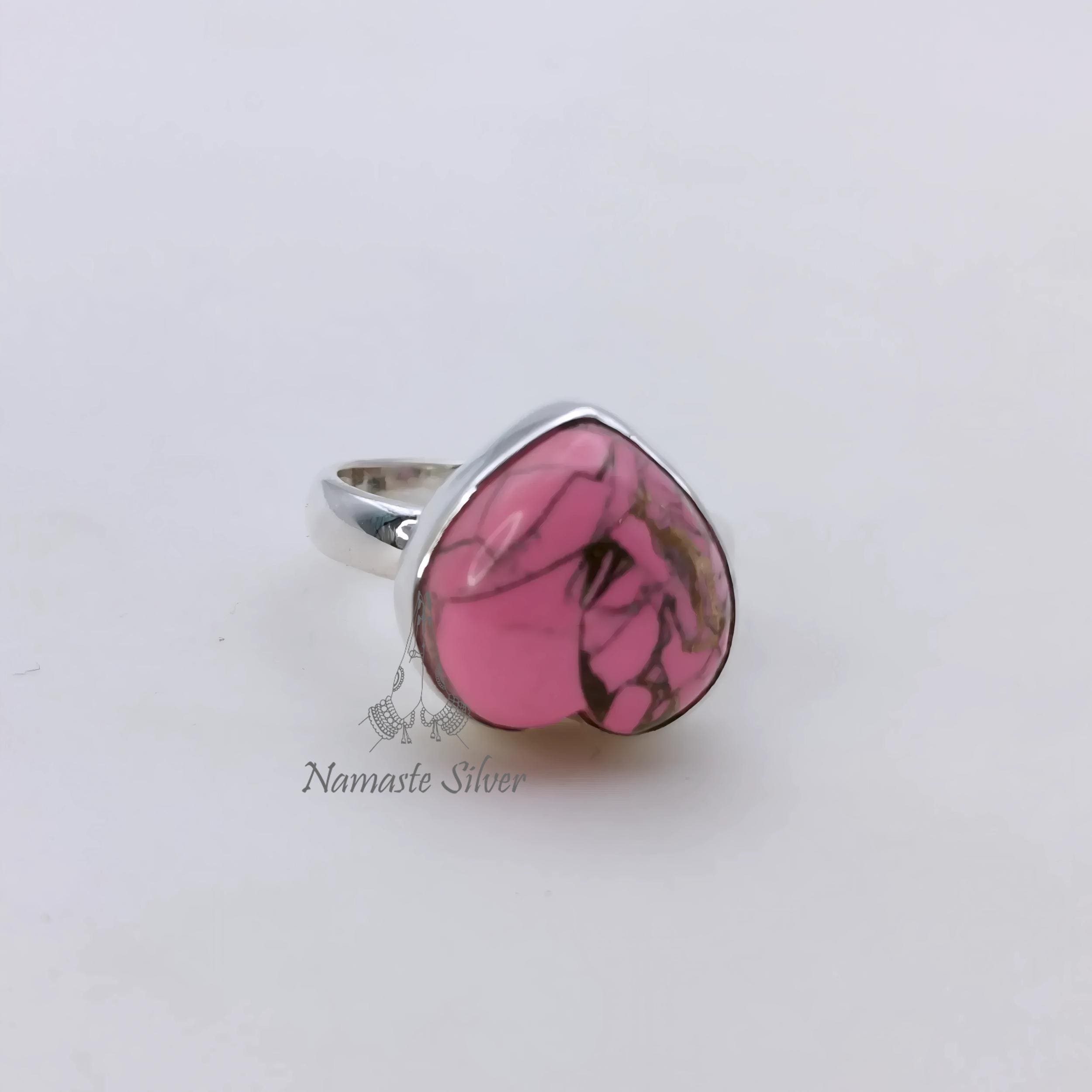 Pink Turquoise Ring, 925 Sterling Silver Promise Ring, Natural Pink Copper Turquoise Heart Shape Handmade Jewelry, Birthstone Gift For Her