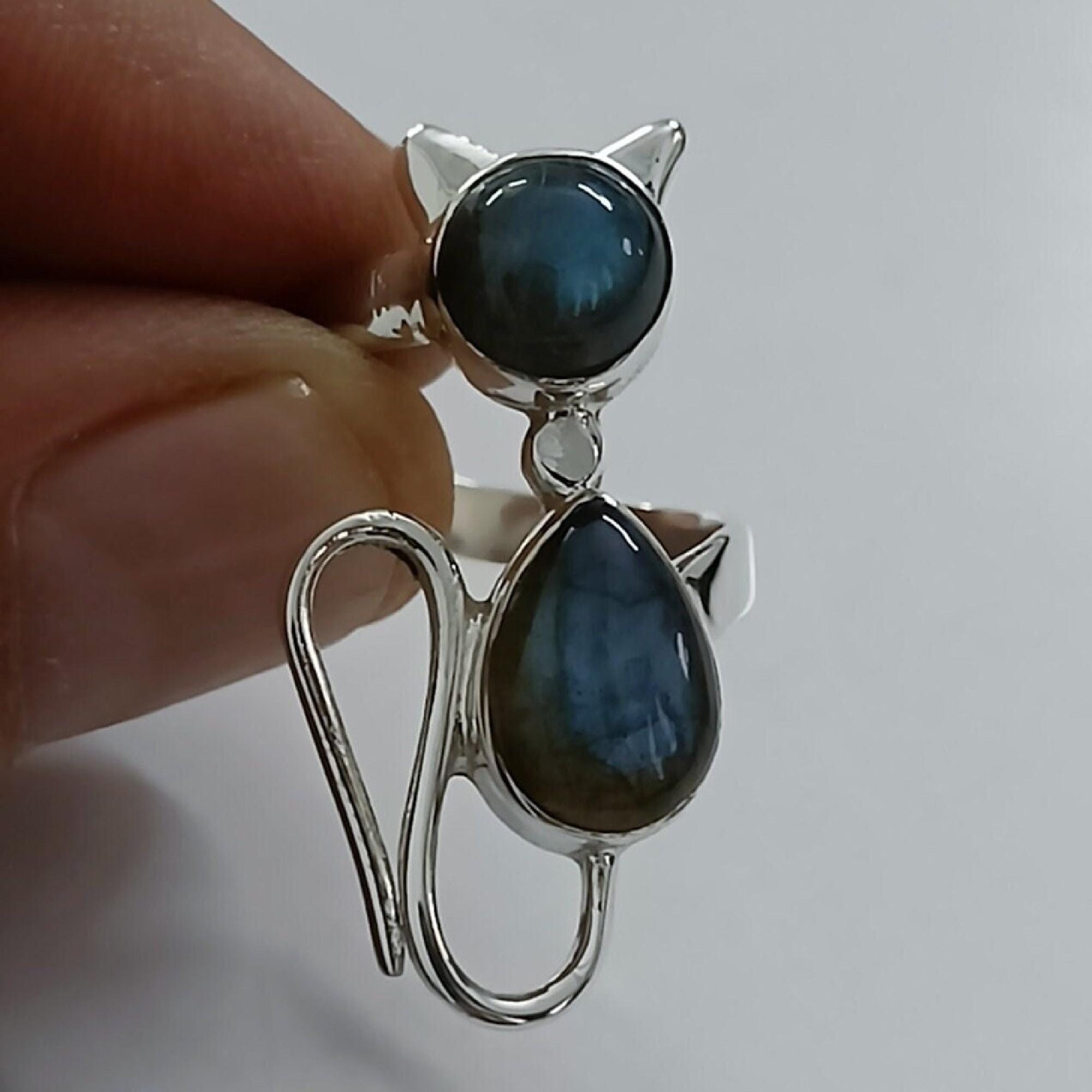 Labradorite Ring, 925 Sterling Silver Statement Promise Ring, Natural Labradorite Dual Gemstone Handmade Cat Jewelry, Gift for Car Lovers