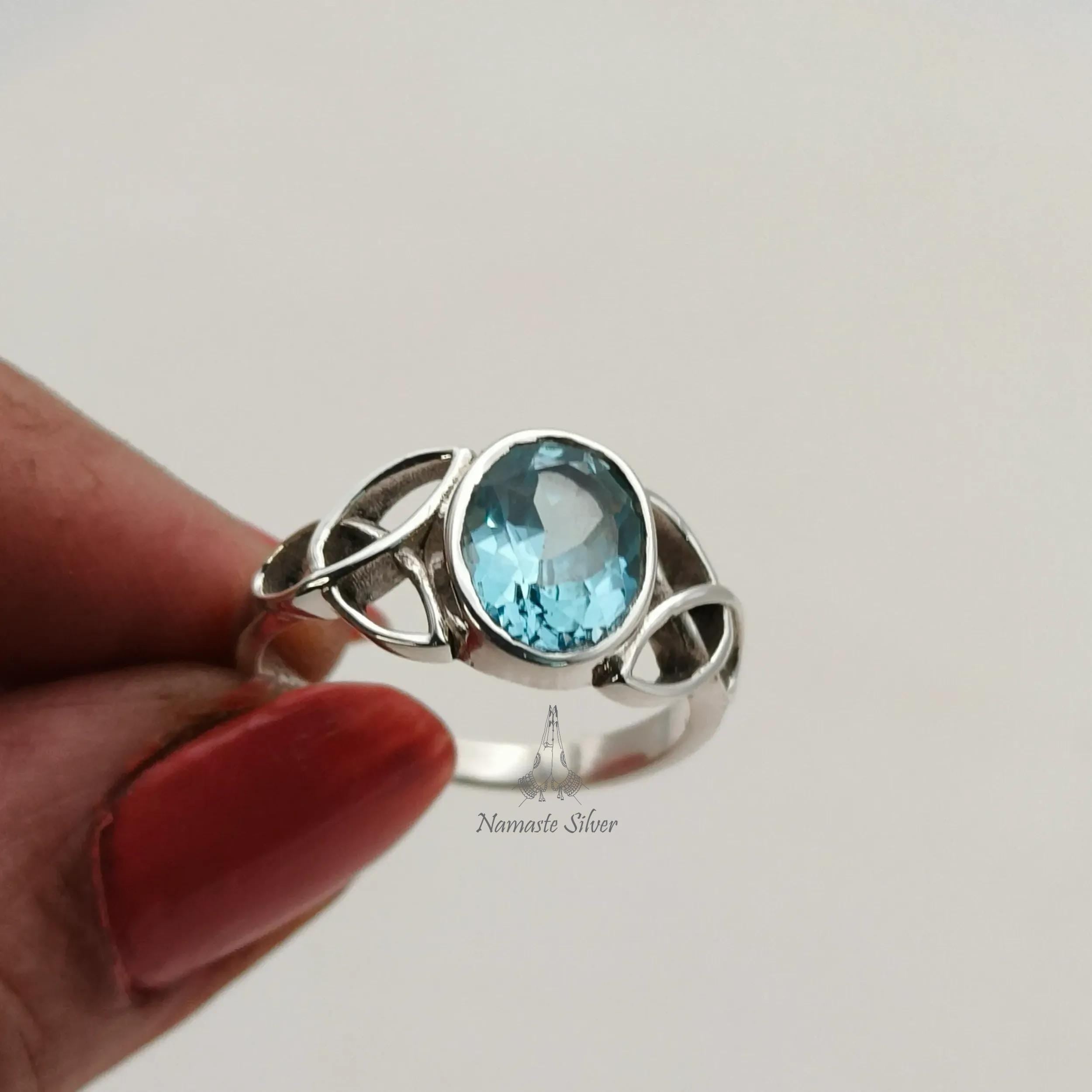 Blue Topaz Ring, 925 Sterling Silver Celtic Knot Ring, Natural Blue Topaz Oval Gemstone Handmade Jewelry, December Birthstone, Gift for Her