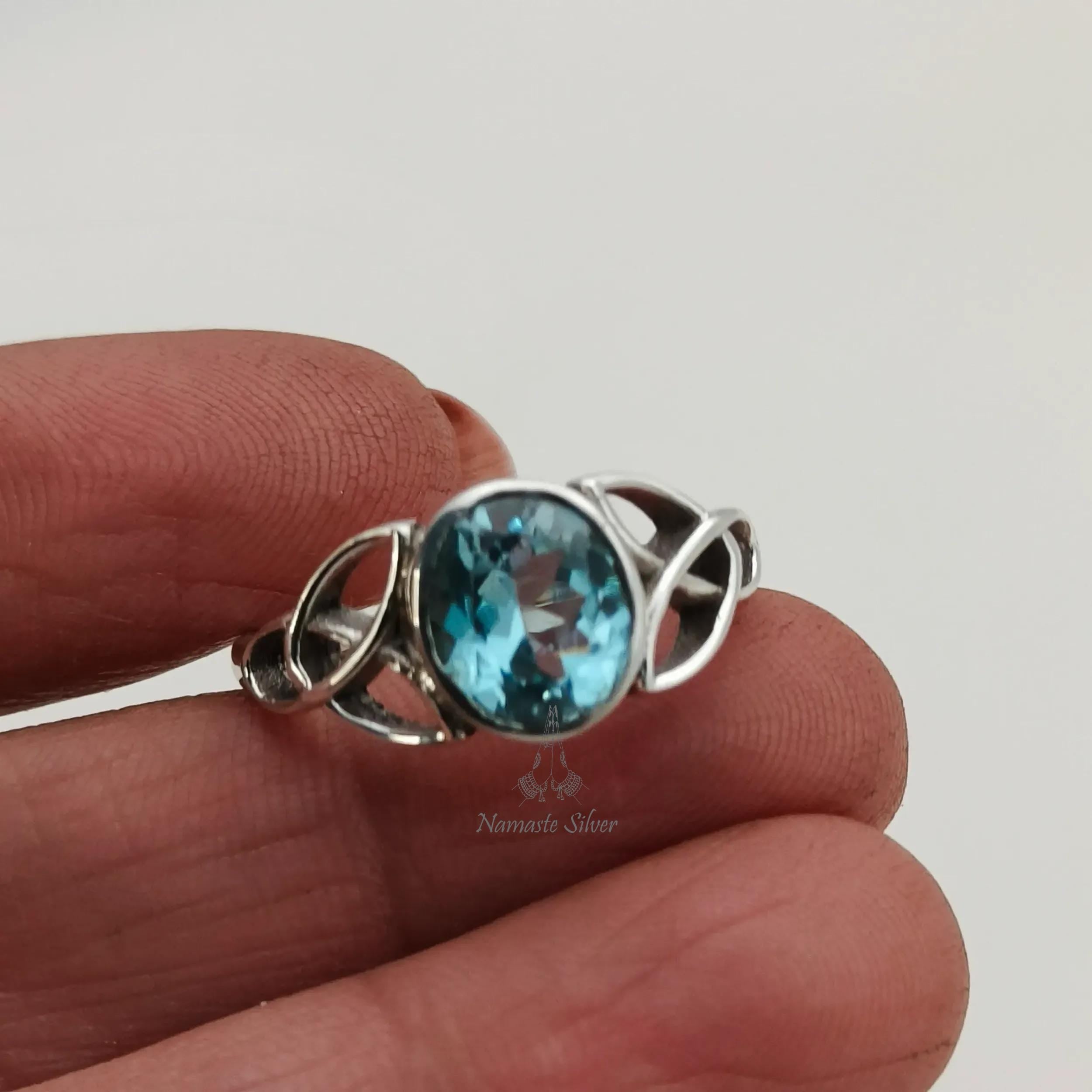 Blue Topaz Ring, 925 Sterling Silver Celtic Knot Ring, Natural Blue Topaz Oval Gemstone Handmade Jewelry, December Birthstone, Gift for Her