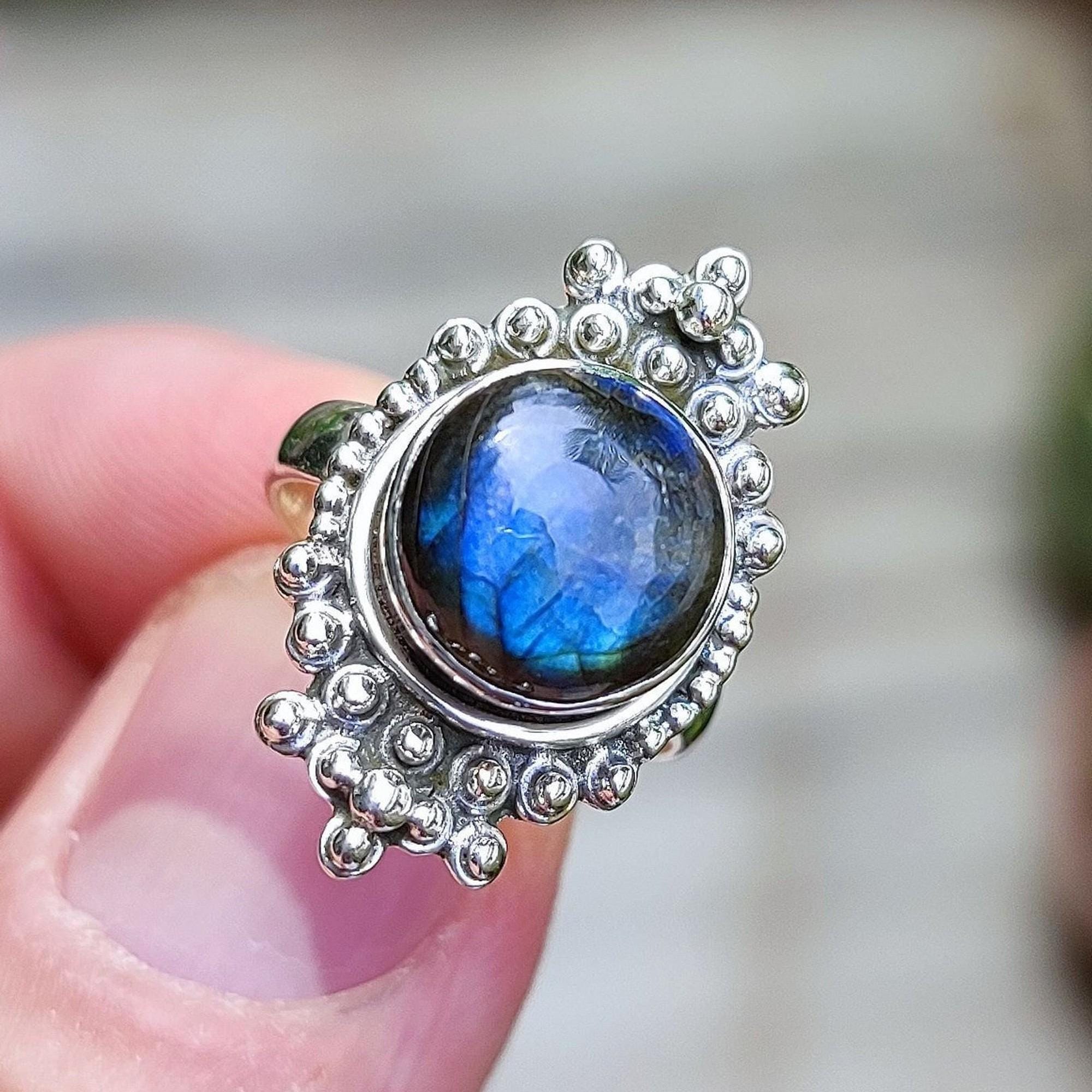 Labradorite Ring, 925 Sterling Silver Statement Promise Ring, Natural Labradorite Round Gemstone Handmade Boho Jewelry, unique Gift for her