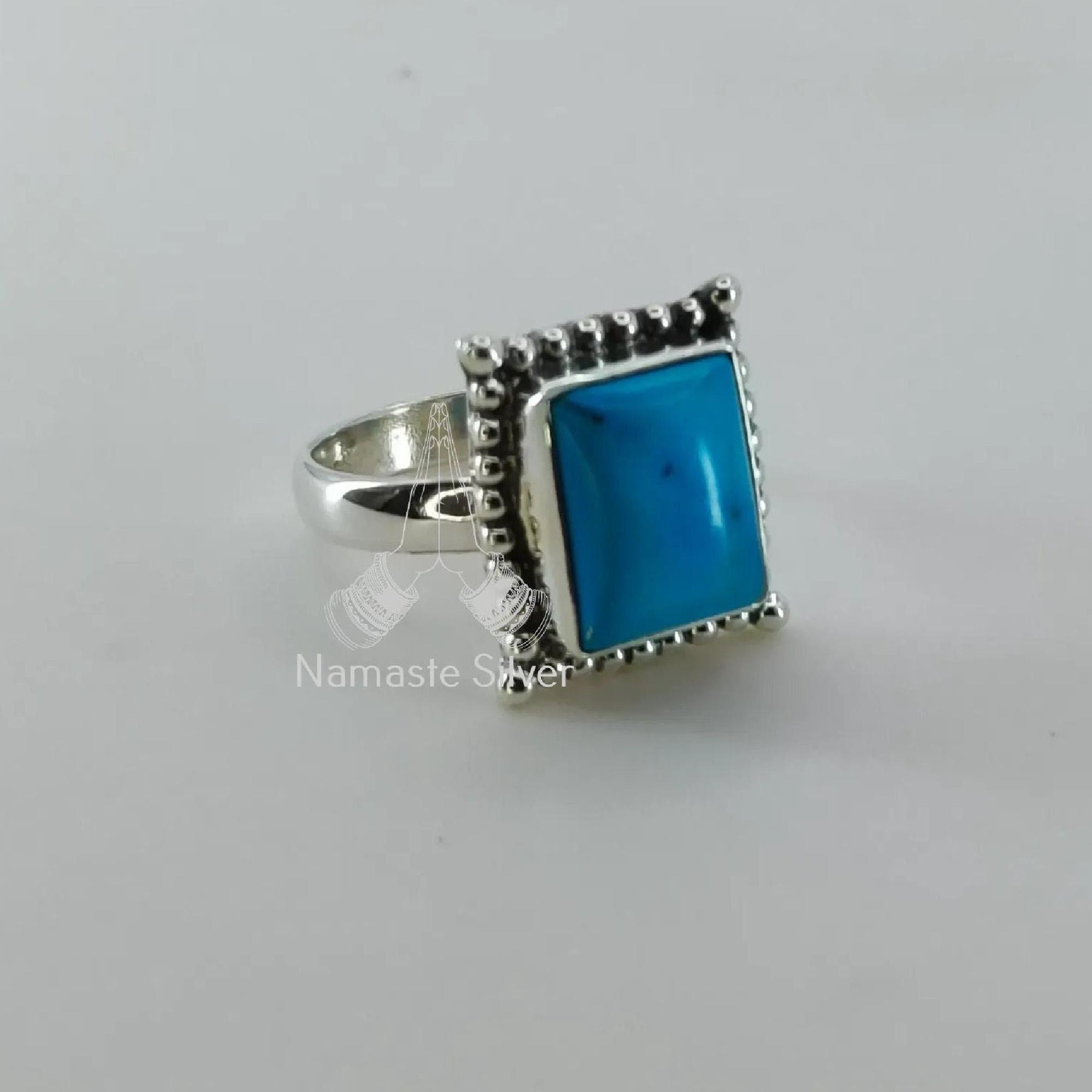 Turquoise Ring, 925 Sterling Silver Statement Promise Ring, Turquoise Cushion Gemstone Handmade Jewelry, December Birthstone, Gift for Her