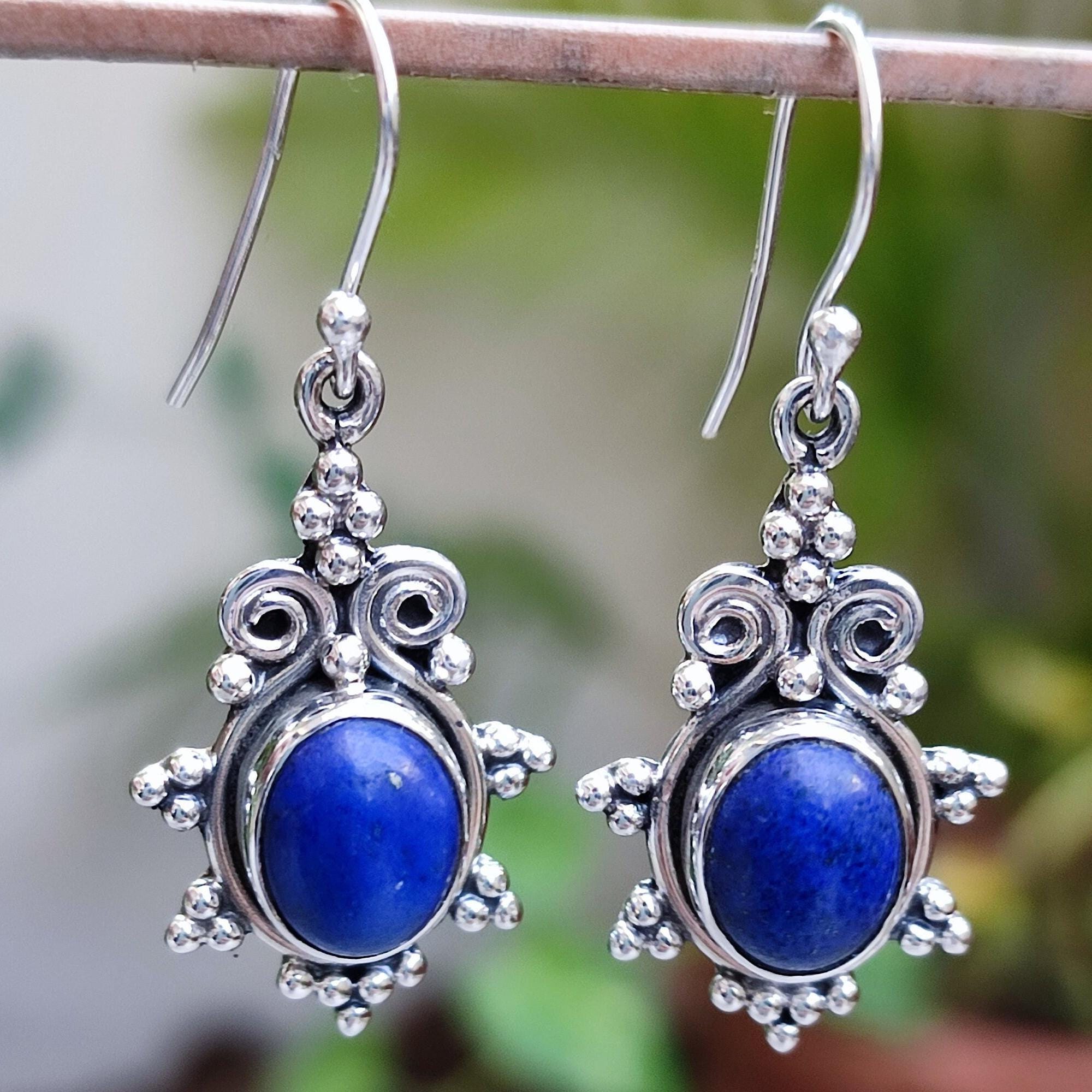 Lapis Lazuli Earrings, 925 Sterling Silver Dangle Earrings, Natural Lapis Oval Gemstone Handmade Jewelry, September Birthstone, Gift for Her