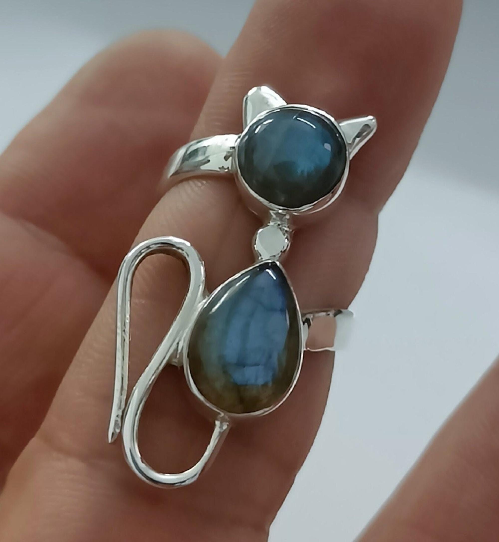 Labradorite Ring, 925 Sterling Silver Statement Promise Ring, Natural Labradorite Dual Gemstone Handmade Cat Jewelry, Gift for Car Lovers