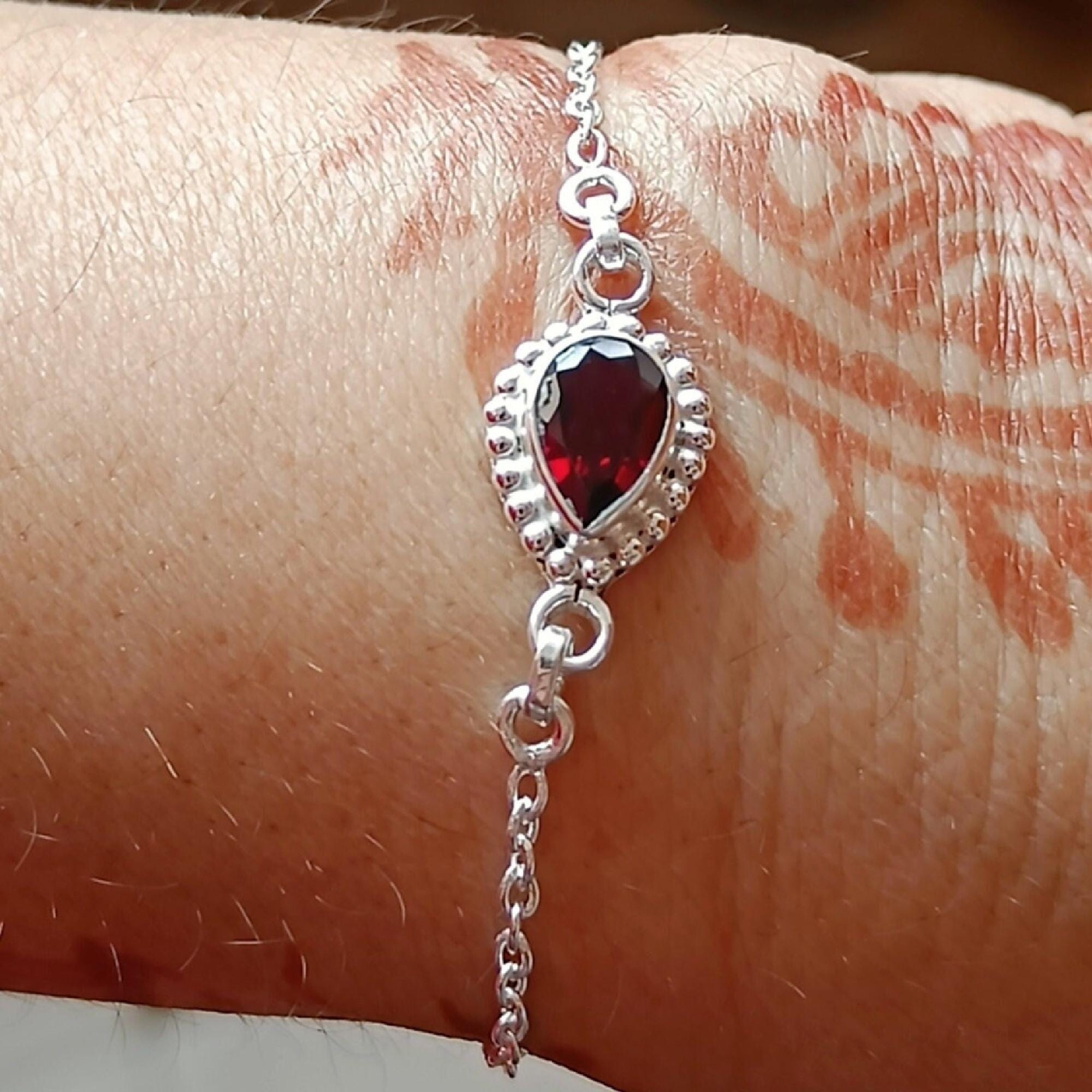 Garnet Bracelet, 925 Sterling Silver Bracelet, Natural Garnet Pear shape Gemstone Handmade Jewelry, January Birthstone, Unique Gift For Her