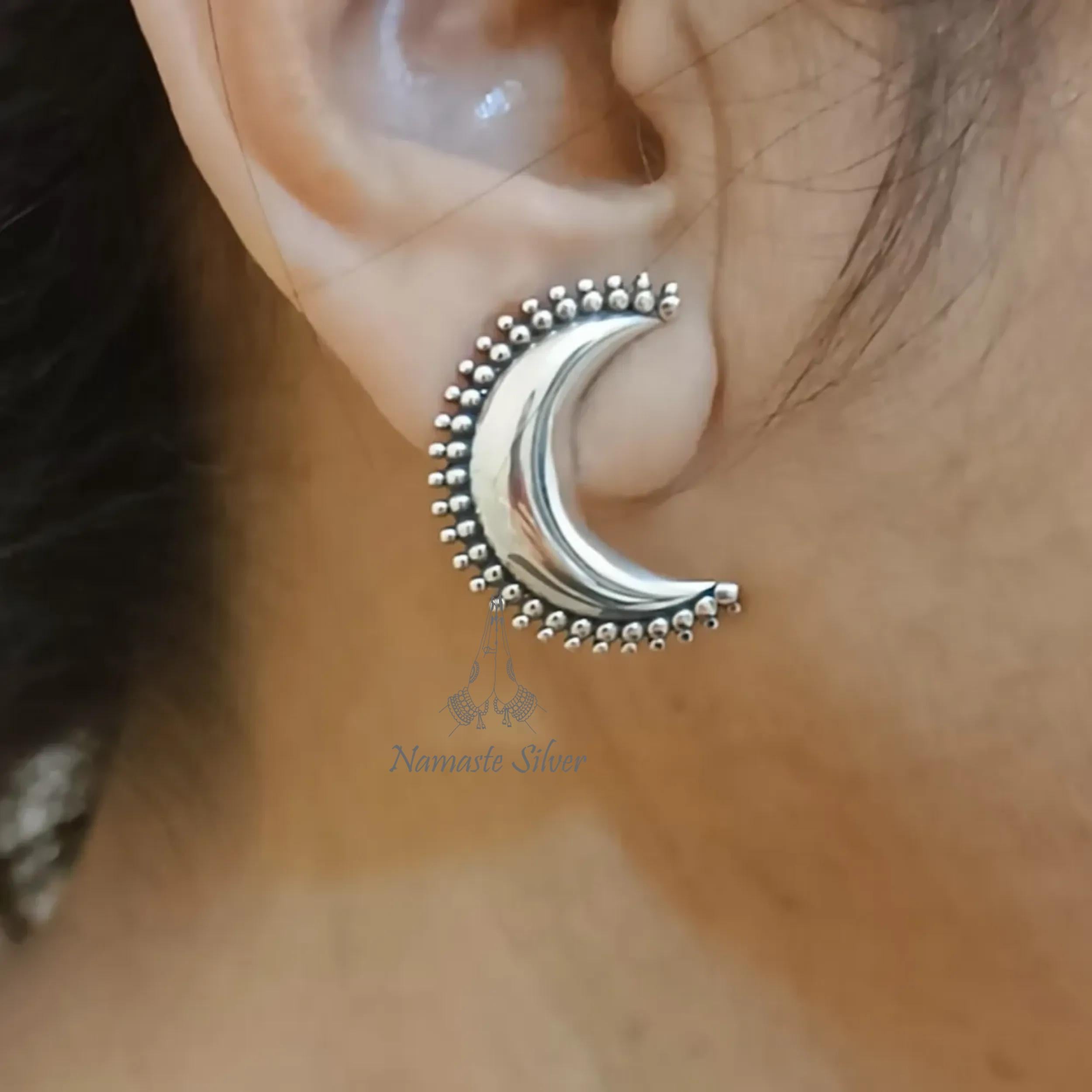 Crescent Earrings, 925 Sterling Silver Stud Earrings, Handmade Celestial Crescent Moon Jewelry, Elegant Gift for Her, Half Moon Stud Posts