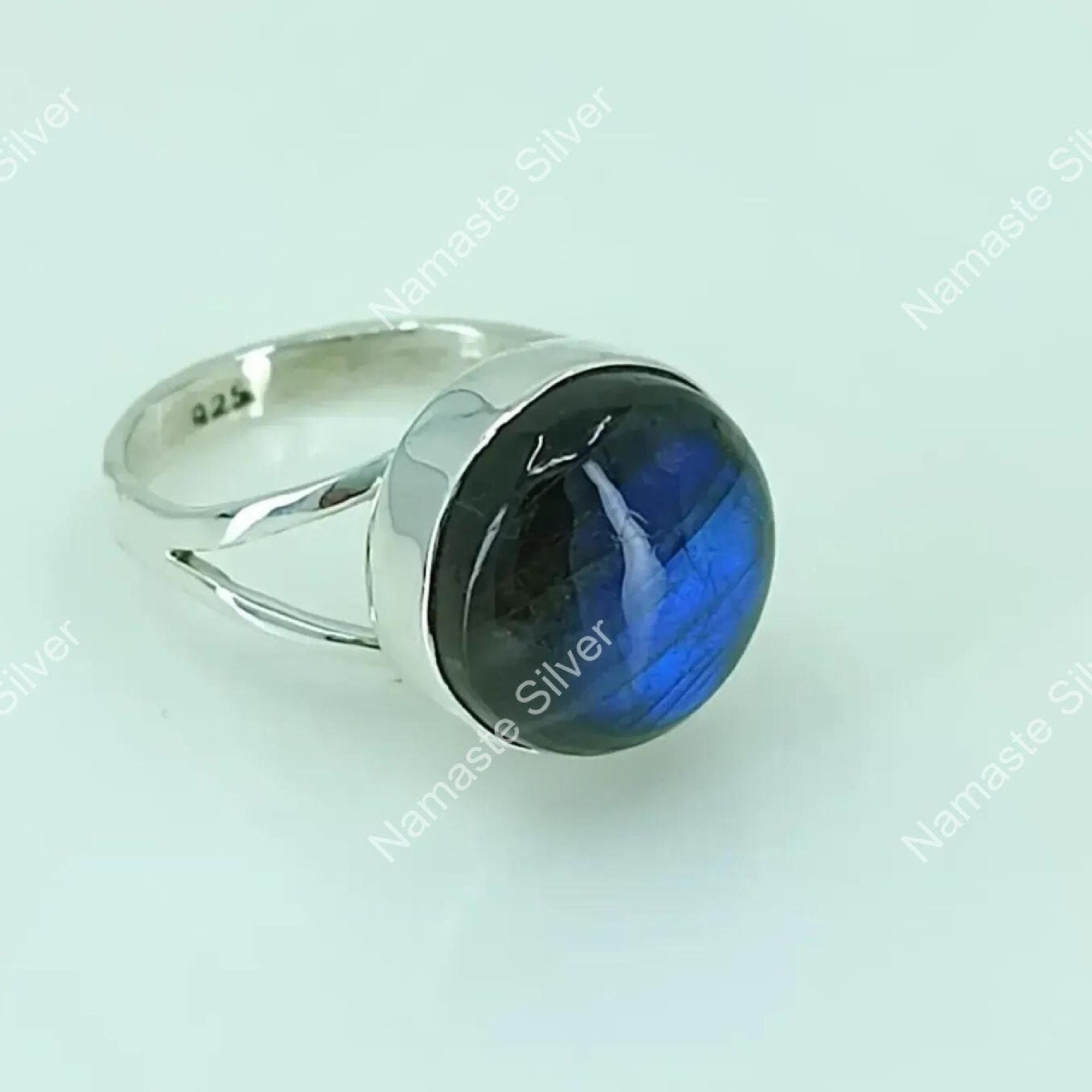 Labradorite Ring, 925 Sterling Silver Statement Promise Ring, Natural Labradorite Round Gemstone Handmade Jewelry, Birthstone Gift for Her