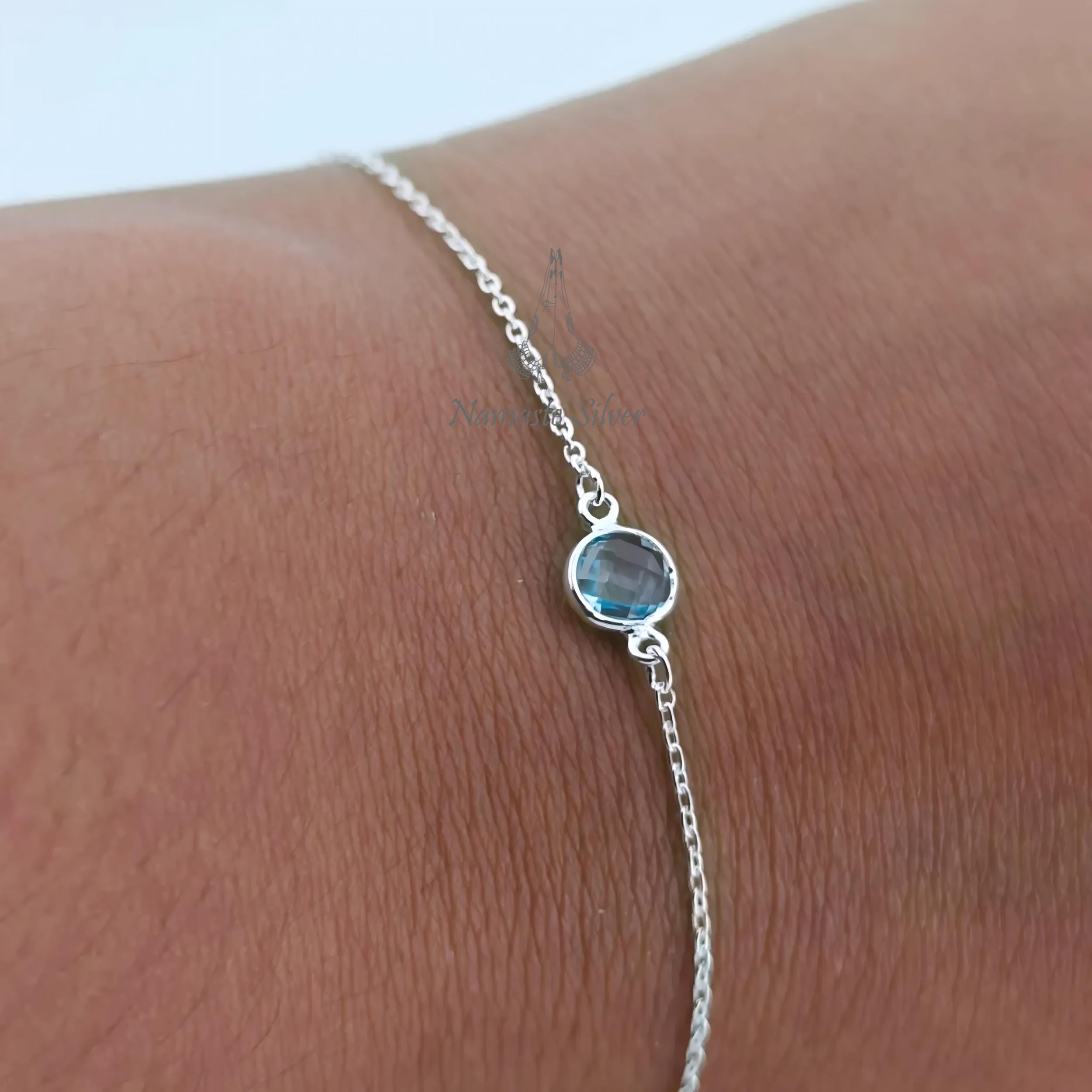 Aquamarine Bracelet, 925 Sterling Silver Adjustable Dainty Bracelet, Handmade Natural Round Gemstone Jewelry, Unique Birthstone Gift for Her