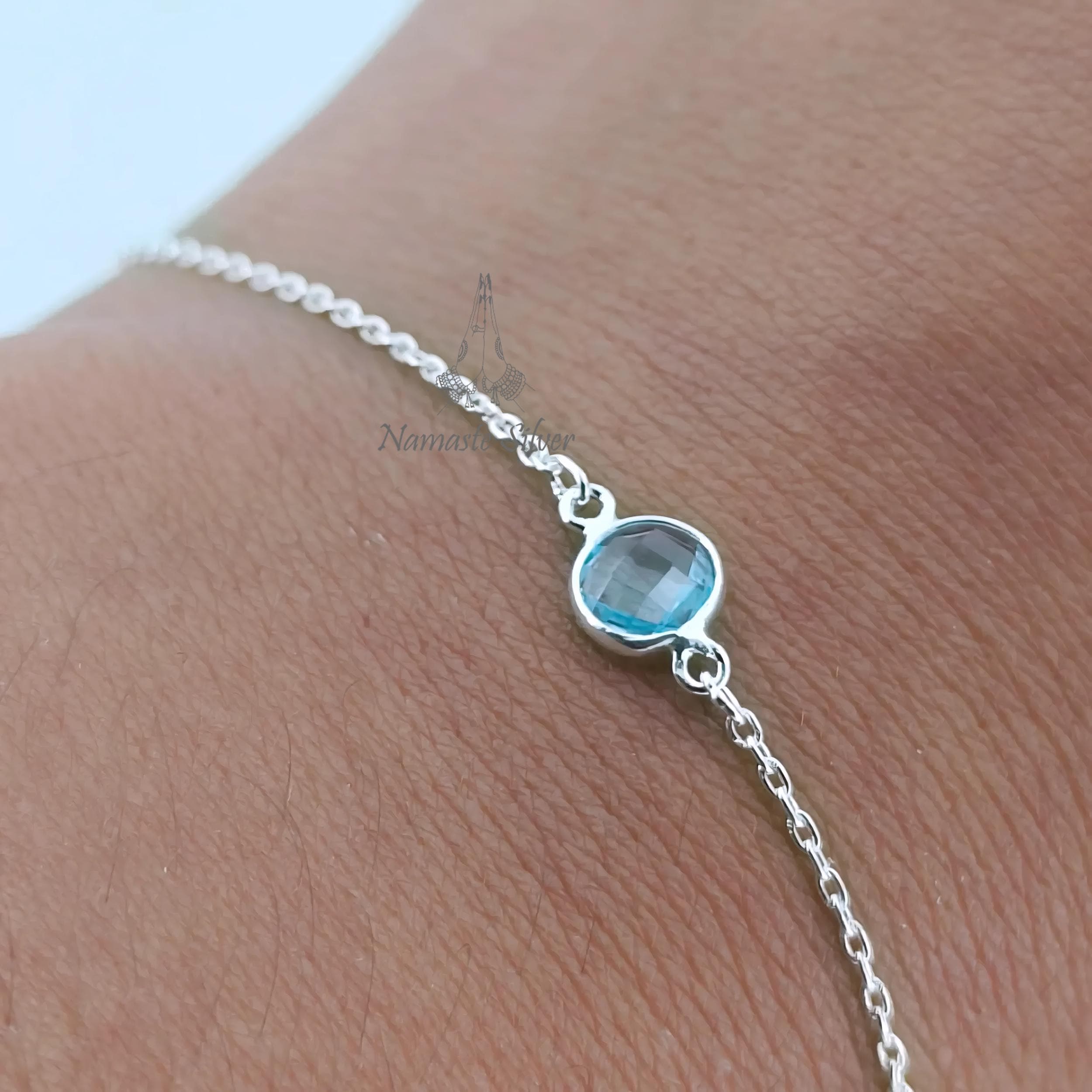 Aquamarine Bracelet, 925 Sterling Silver Adjustable Dainty Bracelet, Handmade Natural Round Gemstone Jewelry, Unique Birthstone Gift for Her
