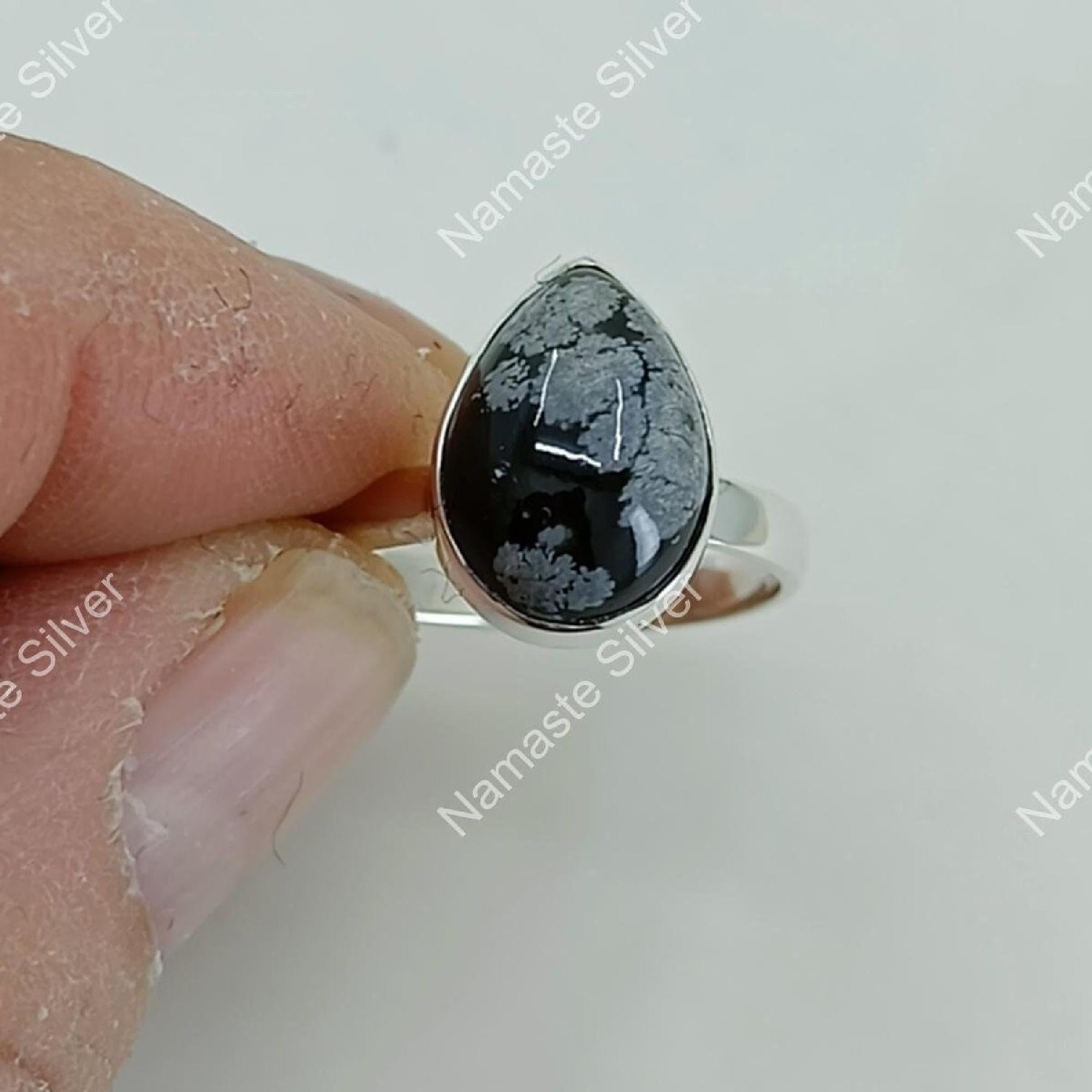 Snowflake Obsidian Ring, 925 Sterling Silver Promise Ring, Natural Black Gemstone Handmade Boho Jewelry, Gift For Her Birthday Anniversary