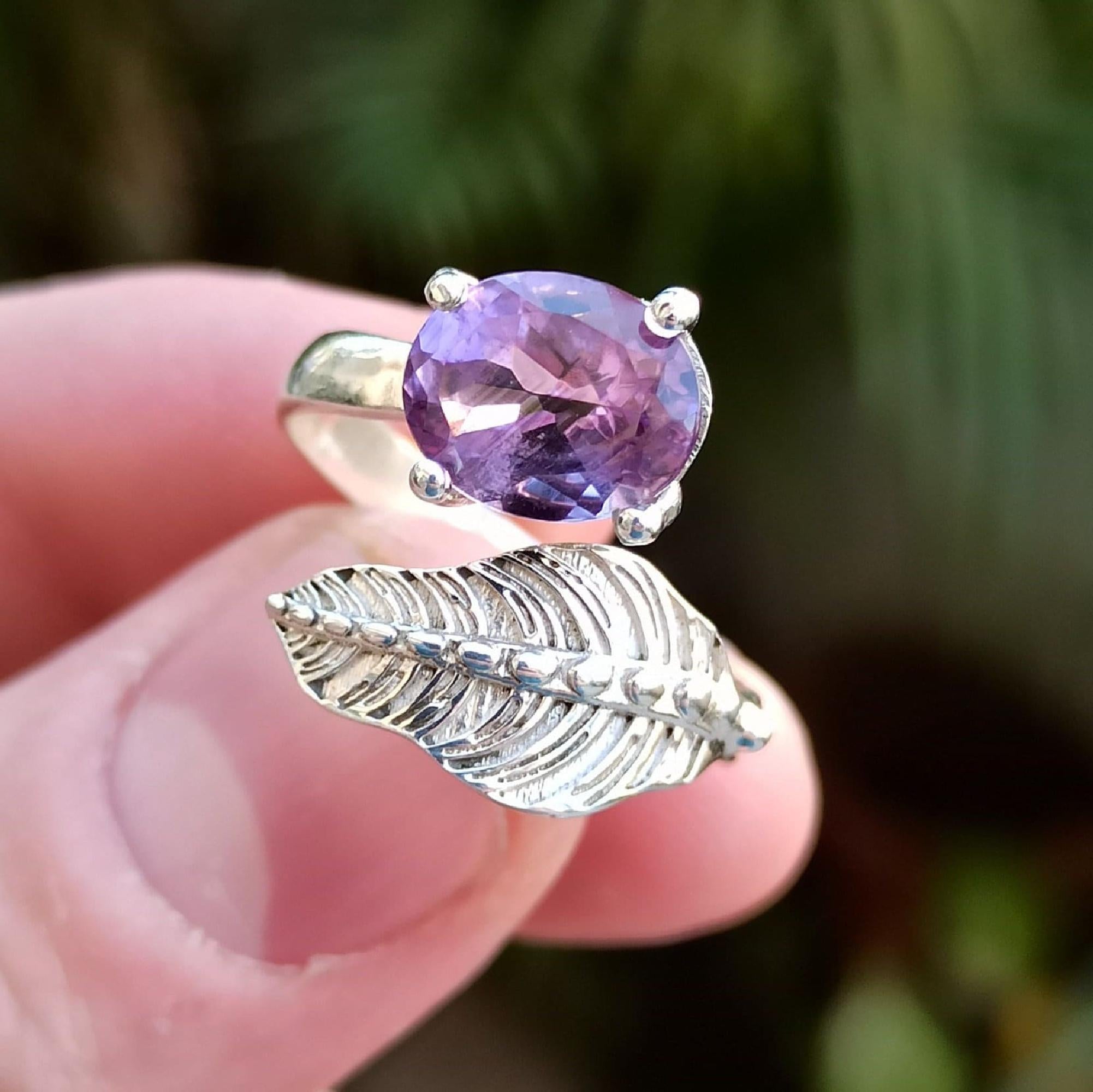 Amethyst Ring, 925 Sterling Silver Promise Ring, Natural Purple Amethyst Oval Handmade Leaf Jewelry, February Birthstone, Gift for Her
