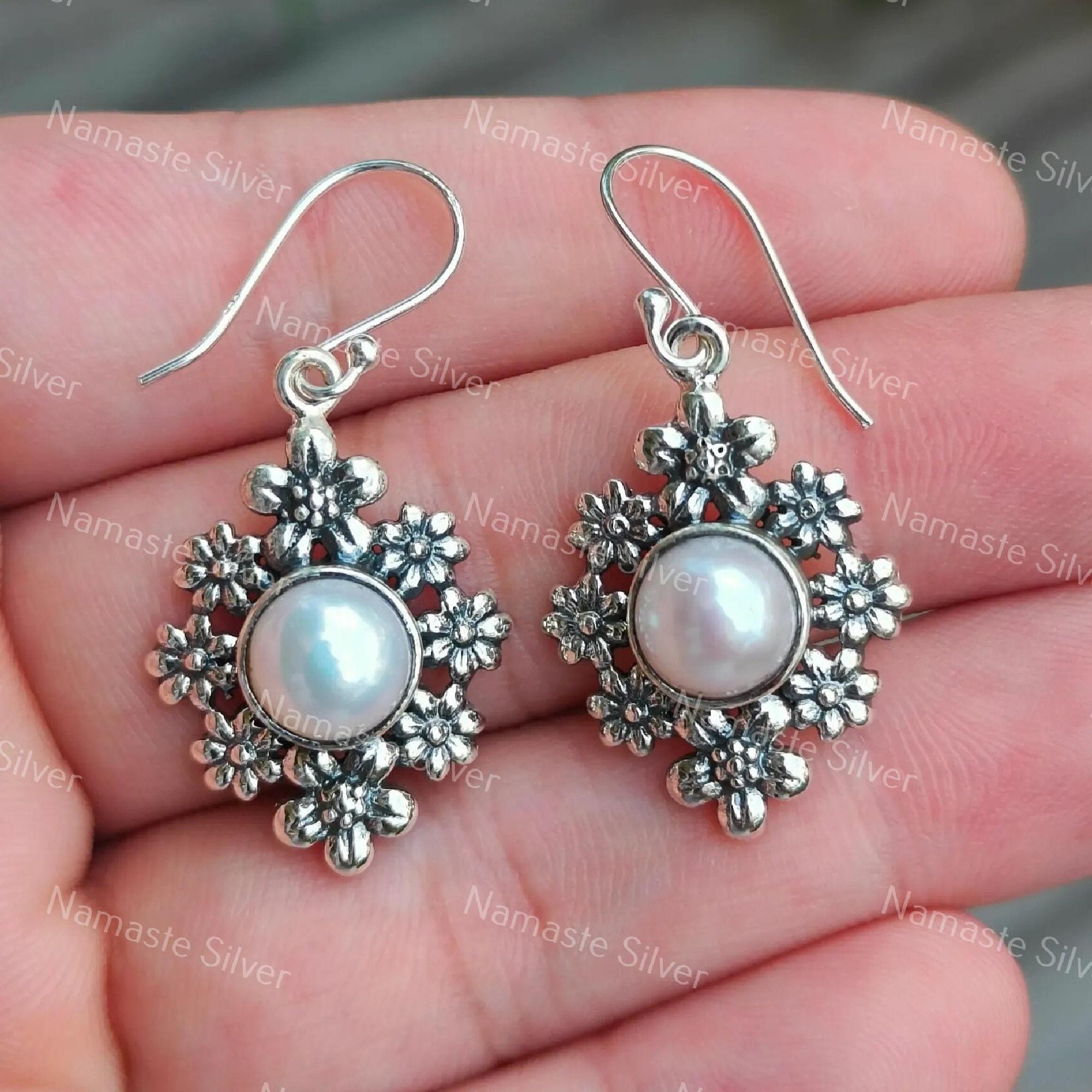 Pearl Earrings, 925 Sterling Silver Flower Dangle Earrings, Freshwater Pearl Handmade Floral Jewelry, June Birthstone, Gift For Her Birthday