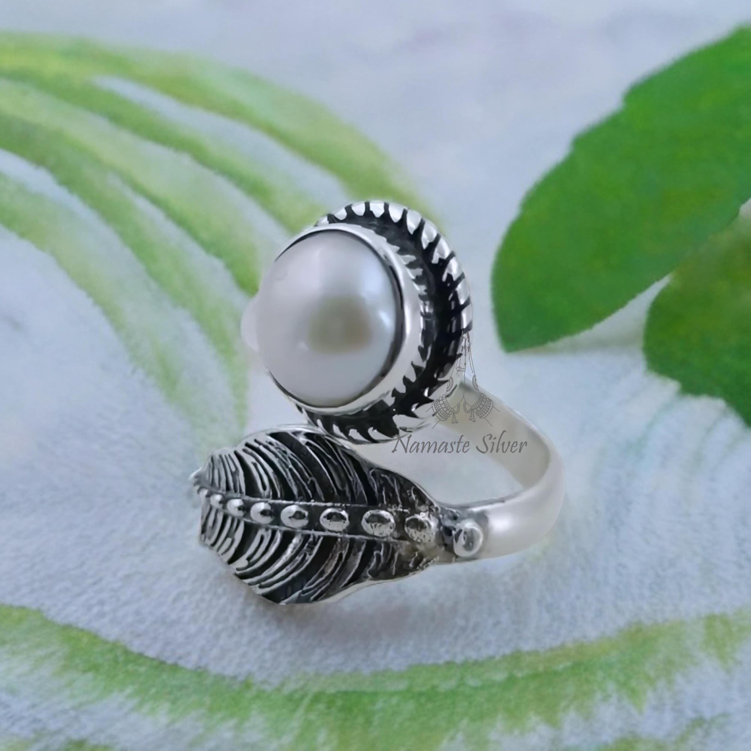 Pearl Ring, 925 Sterling Silver Adjustable Leaf Ring, Freshwater Pearl Handmade Nature Inspired Jewelry, Unique June Birthstone Gift For Her