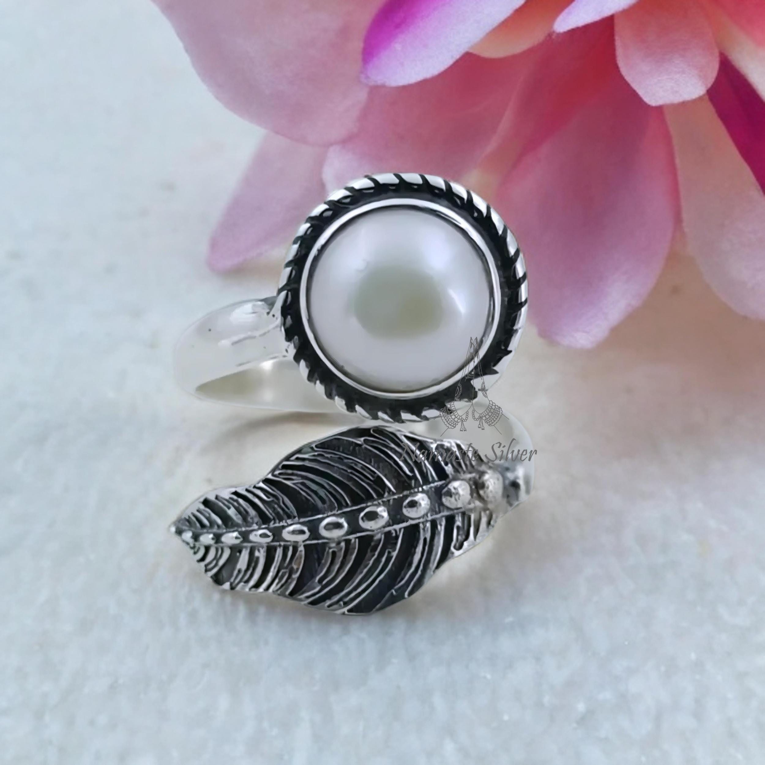 Pearl Ring, 925 Sterling Silver Adjustable Leaf Ring, Freshwater Pearl Handmade Nature Inspired Jewelry, Unique June Birthstone Gift For Her