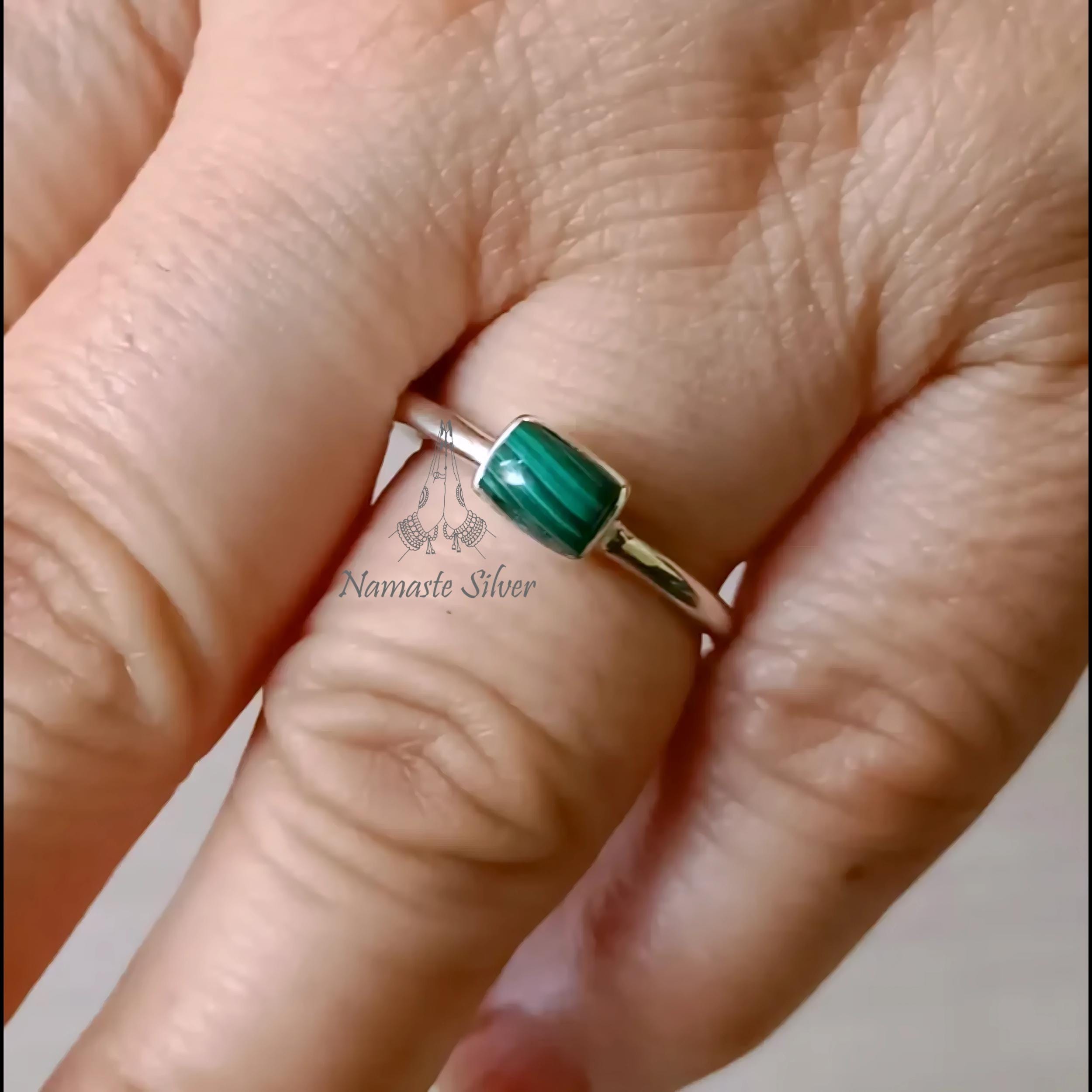 Malachite Ring, 925 Sterling Silver Promise Dainty Ring, Natural Green Malachite Cushion Gemstone Handmade Jewelry, Birthstone Gift For Her