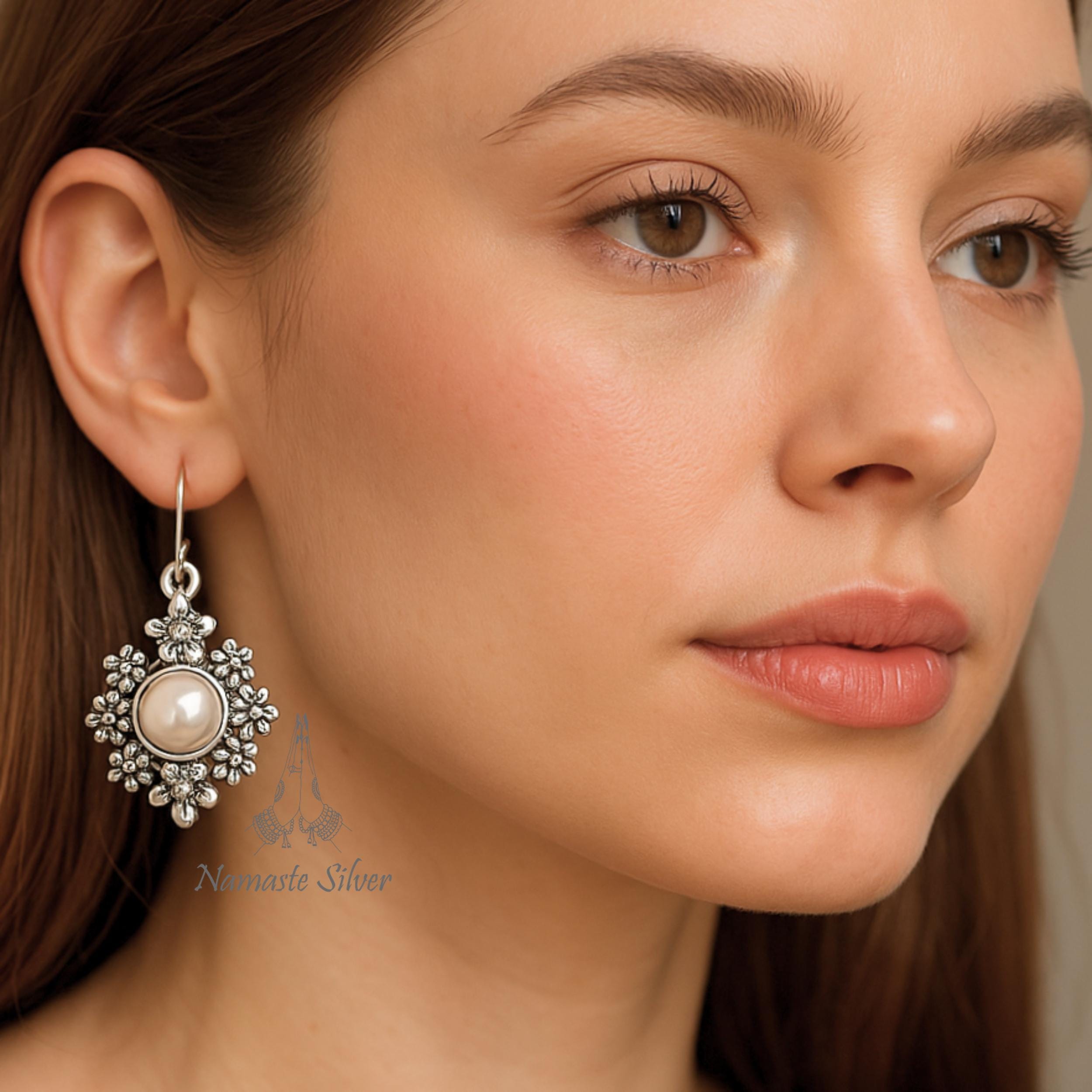 Pearl Earrings, 925 Sterling Silver Flower Dangle Earrings, Freshwater Pearl Handmade Floral Jewelry, June Birthstone, Gift For Her Birthday