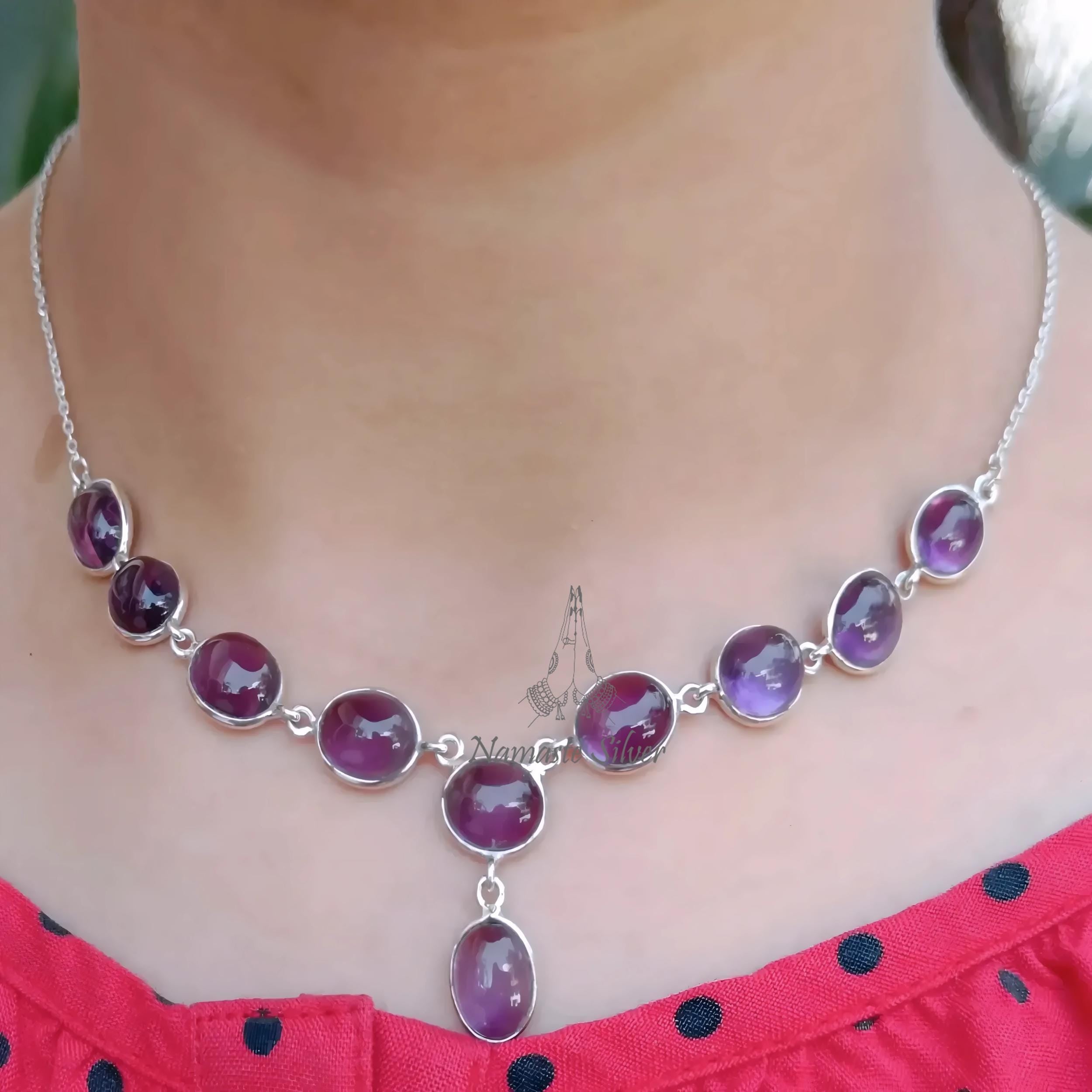 Amethyst Necklace, 925 Sterling Silver Y Necklace, Natural Purple Oval Gemstone Handmade Jewelry, February birthstone, Elegant Gift for her