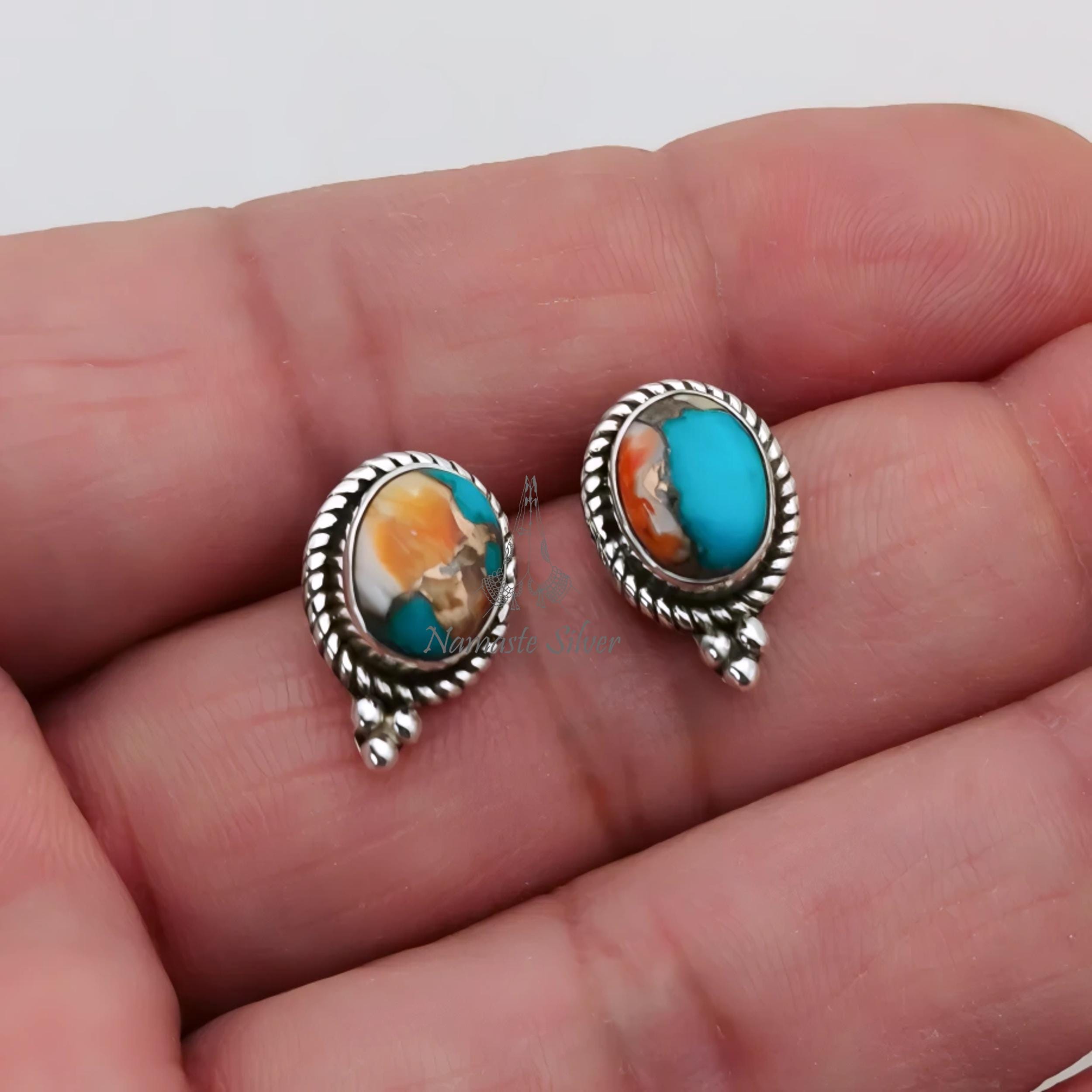 Oyster Turquoise Earrings, 925 Sterling Silver Stud Earrings, Natural Oyster Copper Turquoise Oval Handmade Stud Posts Jewelry, Gift for Her