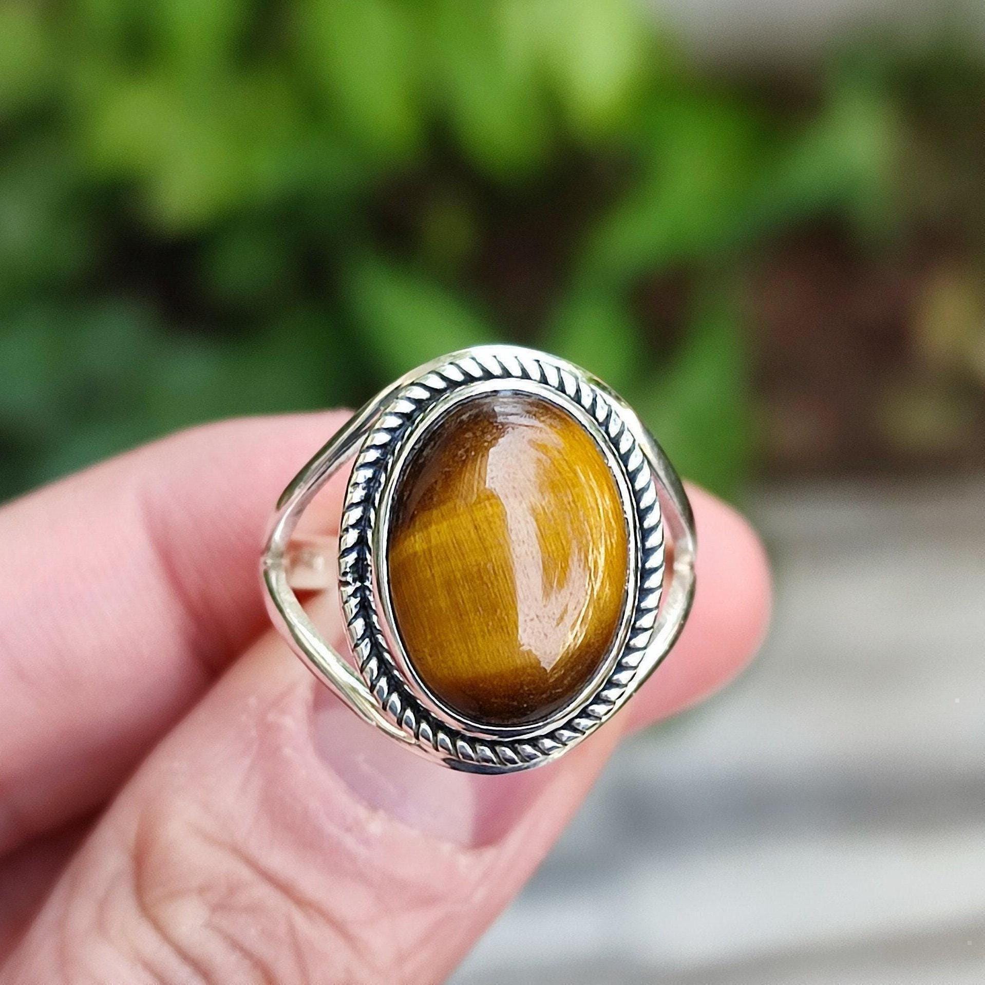 Tiger Eye Ring, 925 Sterling Silver Statement Promise Ring, Natural Tiger's Eye Oval Gemstone Handmade Jewelry, June Birthstone Gift for her